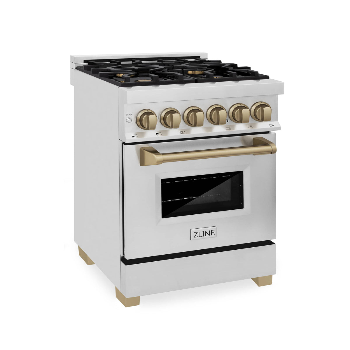 Stainless steel dual fuel range with gas cooktop, grates, and champagne bronze knobs