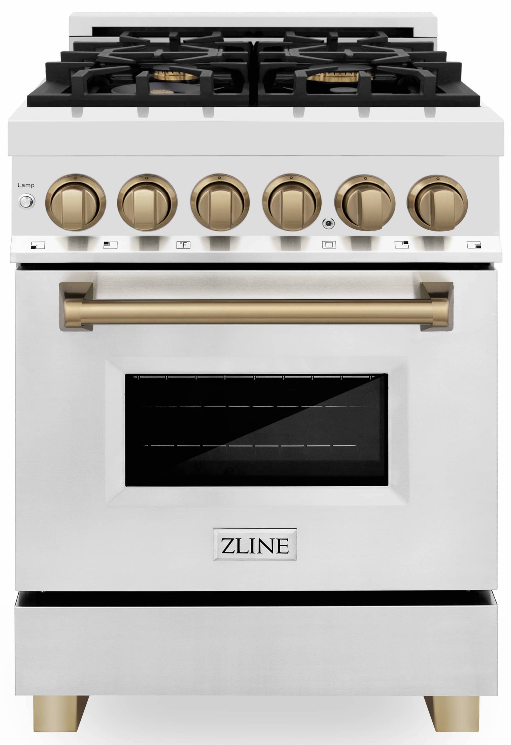 White dual fuel range with black glass oven door and champagne bronze control knobs