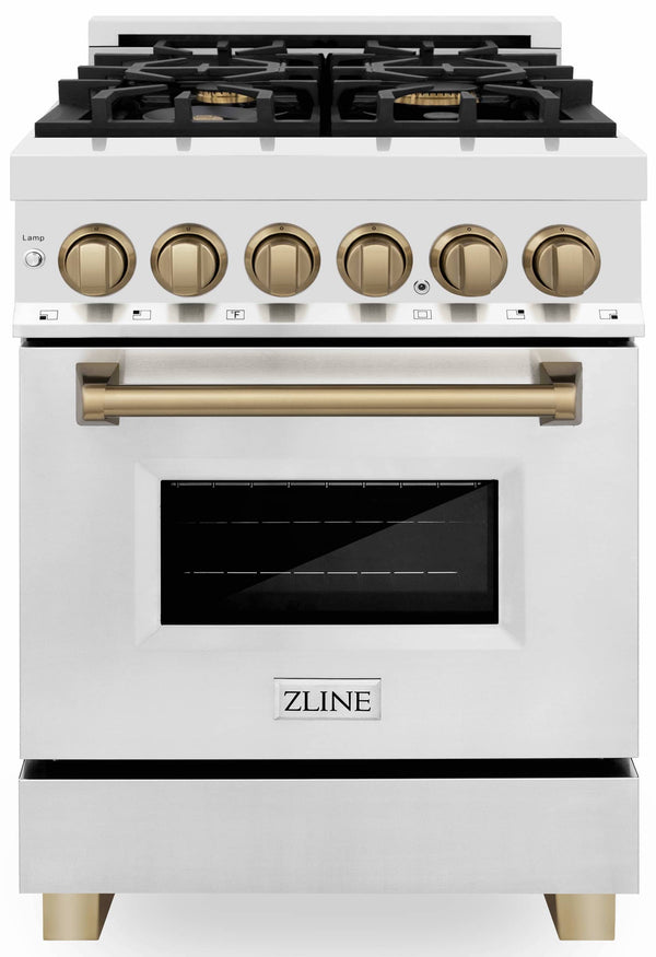 ZLINE Autograph Edition 24-Inch 2.8 cu. ft. Dual Fuel Range with Gas Stove and Electric Oven in Stainless Steel with Champagne Bronze Accents (RAZ-24-CB)