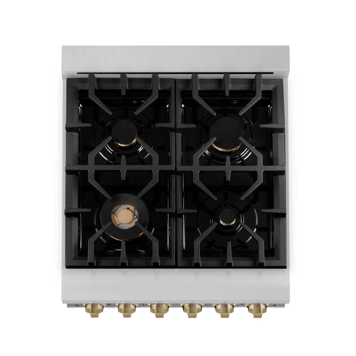 Top view of gas cooktop with four black burner grates and round knob bases