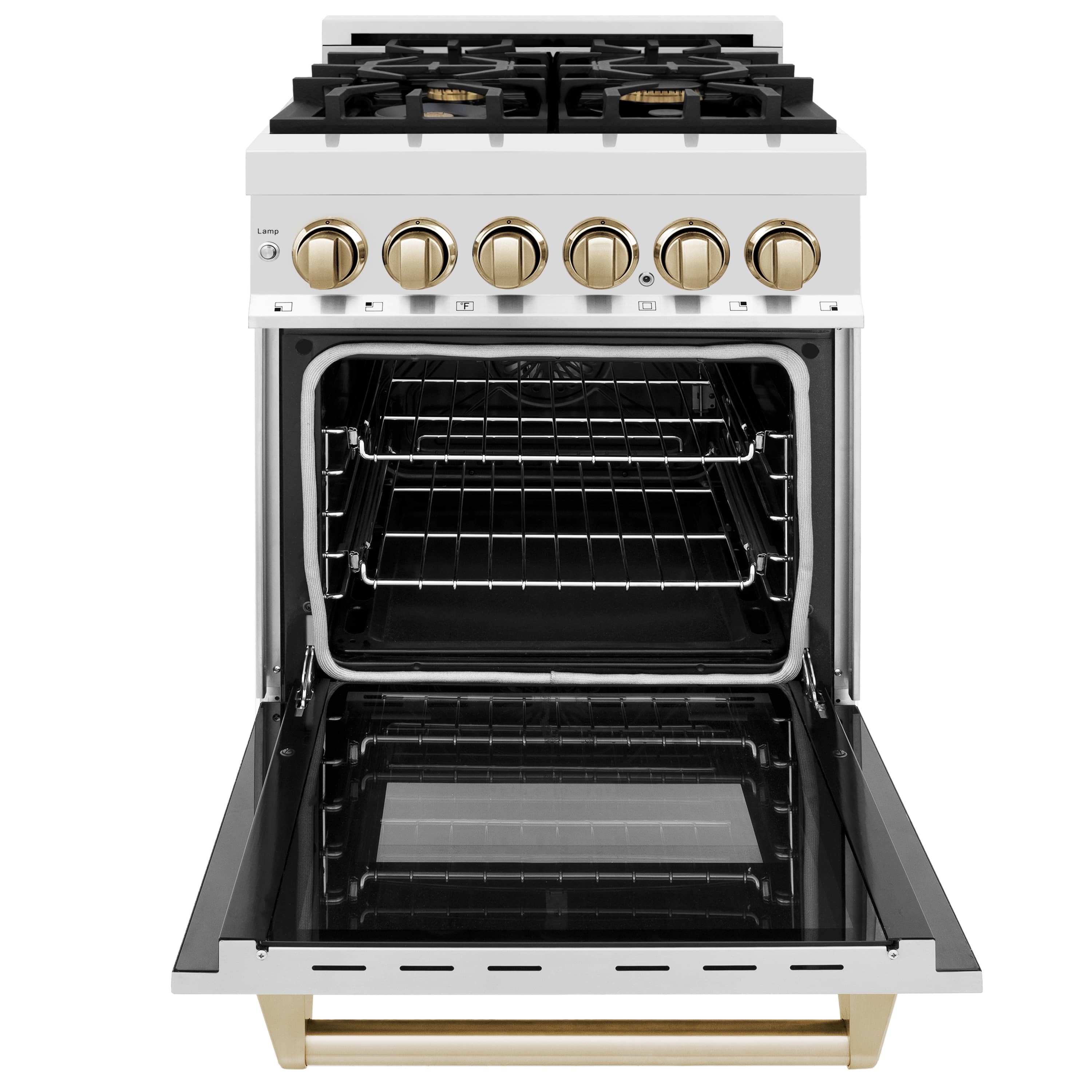 Dual fuel range front view with open oven door, gold knobs, and black bake chamber.
