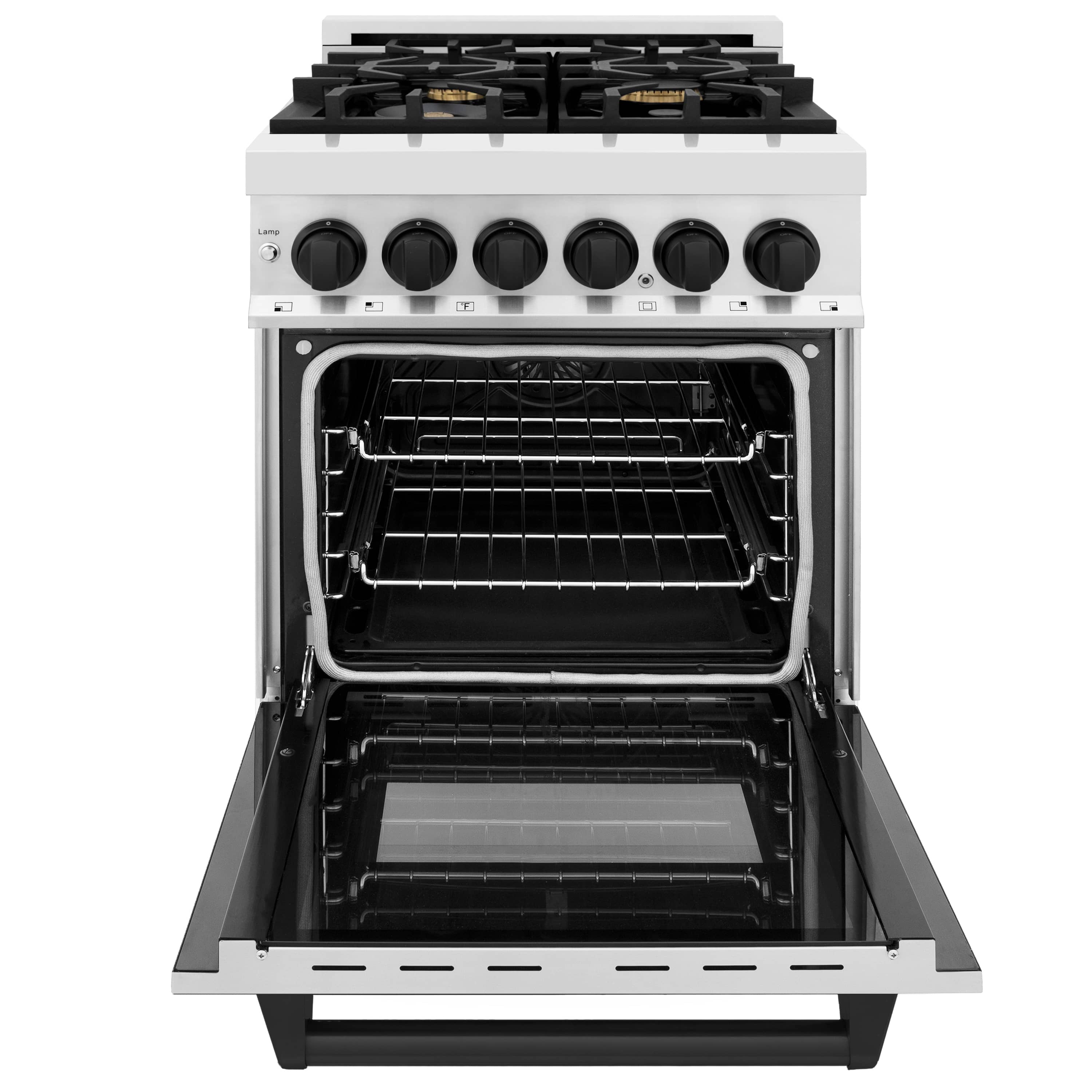 Dual-fuel range oven door open with two rack levels and black interior panel