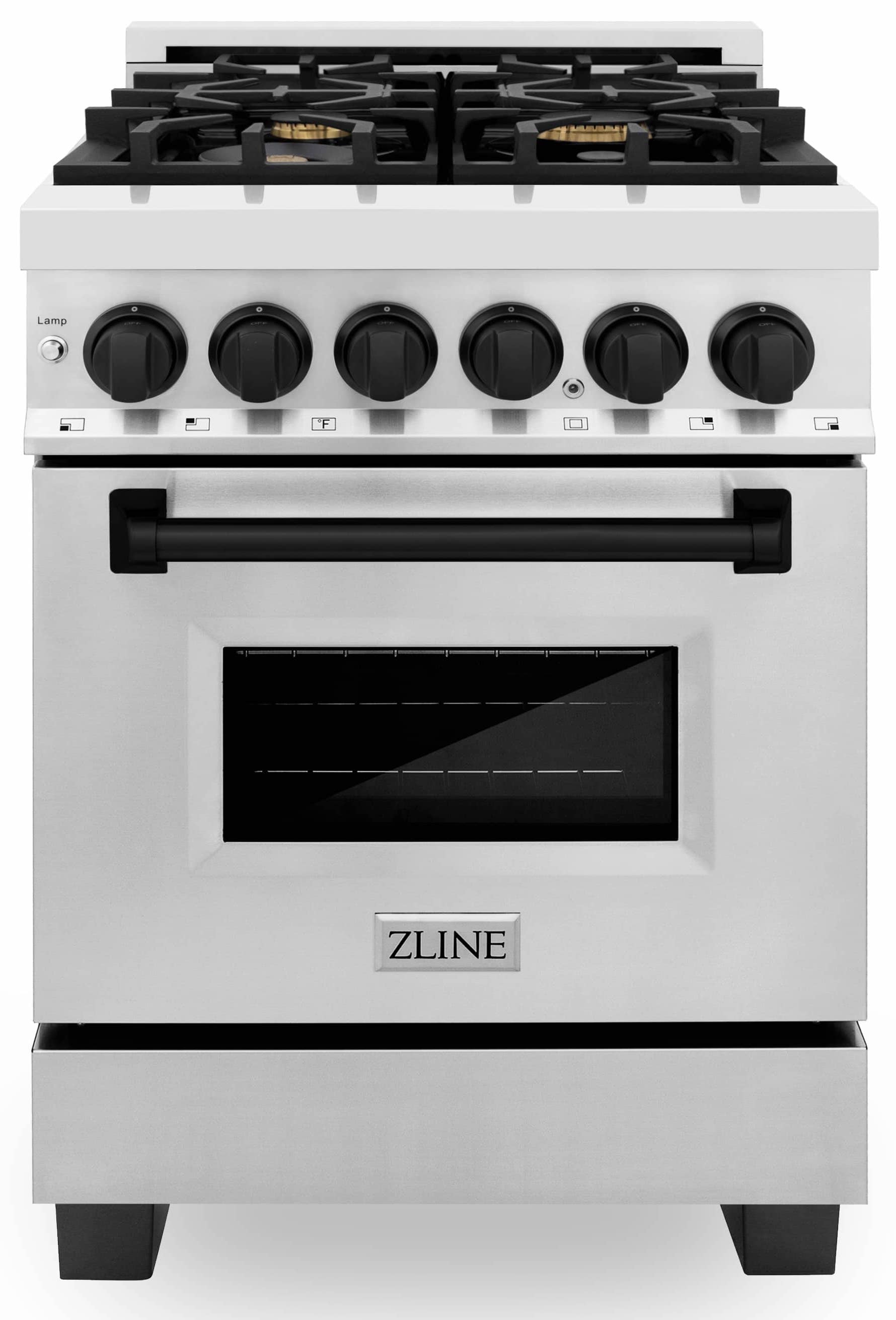 Stainless dual-fuel range with black burner grates, knobs, and closed oven door