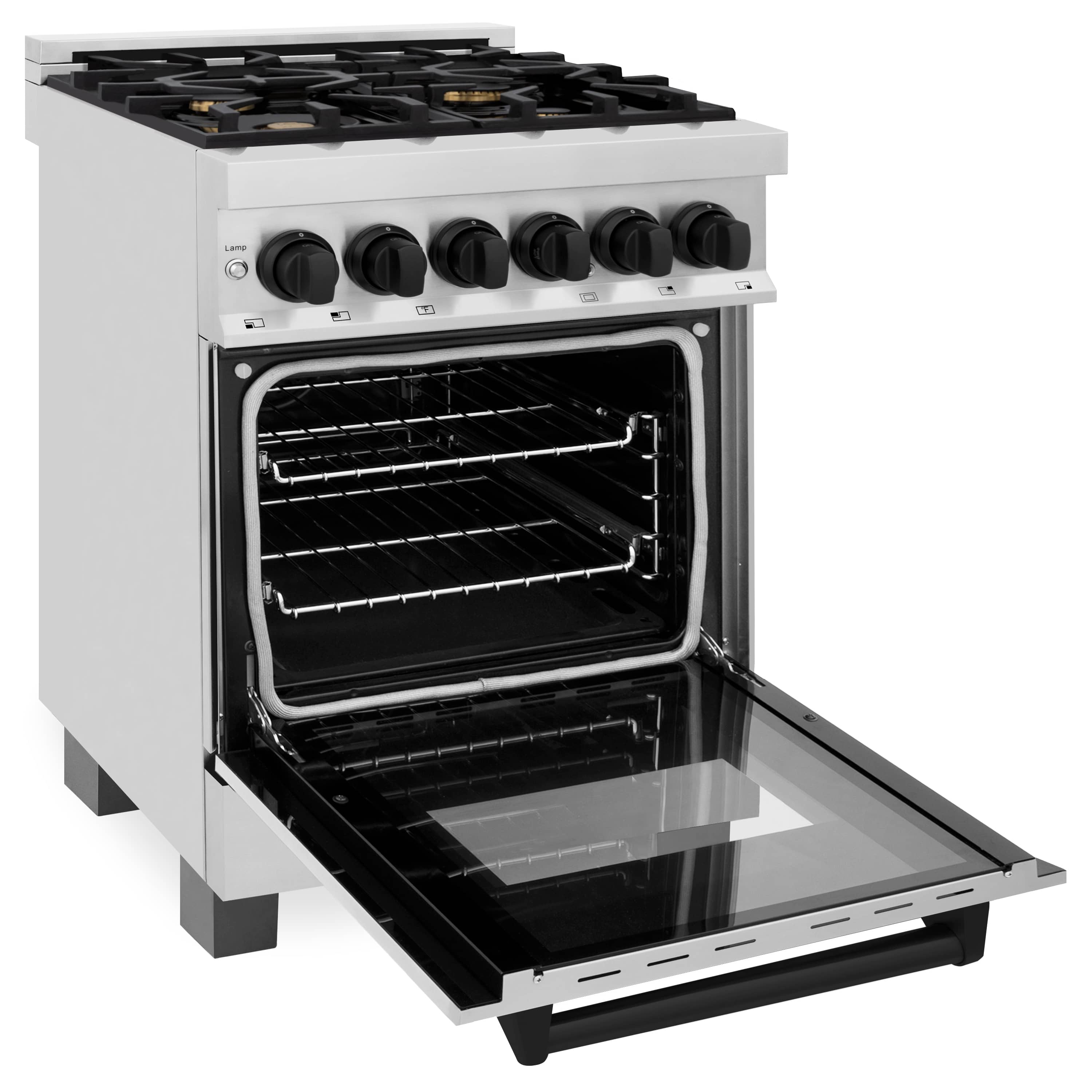 Stainless dual-fuel range oven door open with lower tray and rack inside