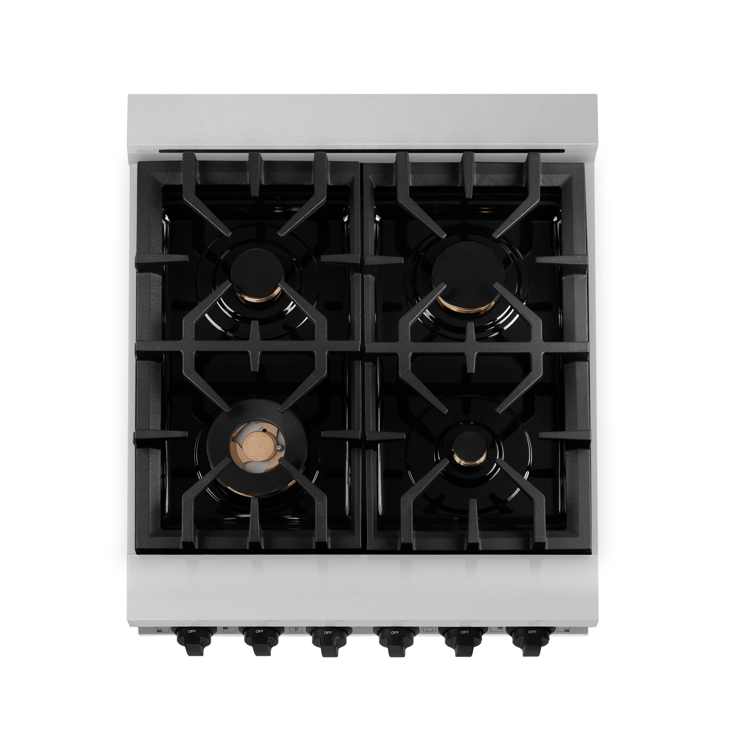Top view of stainless gas cooktop with four black burner grates