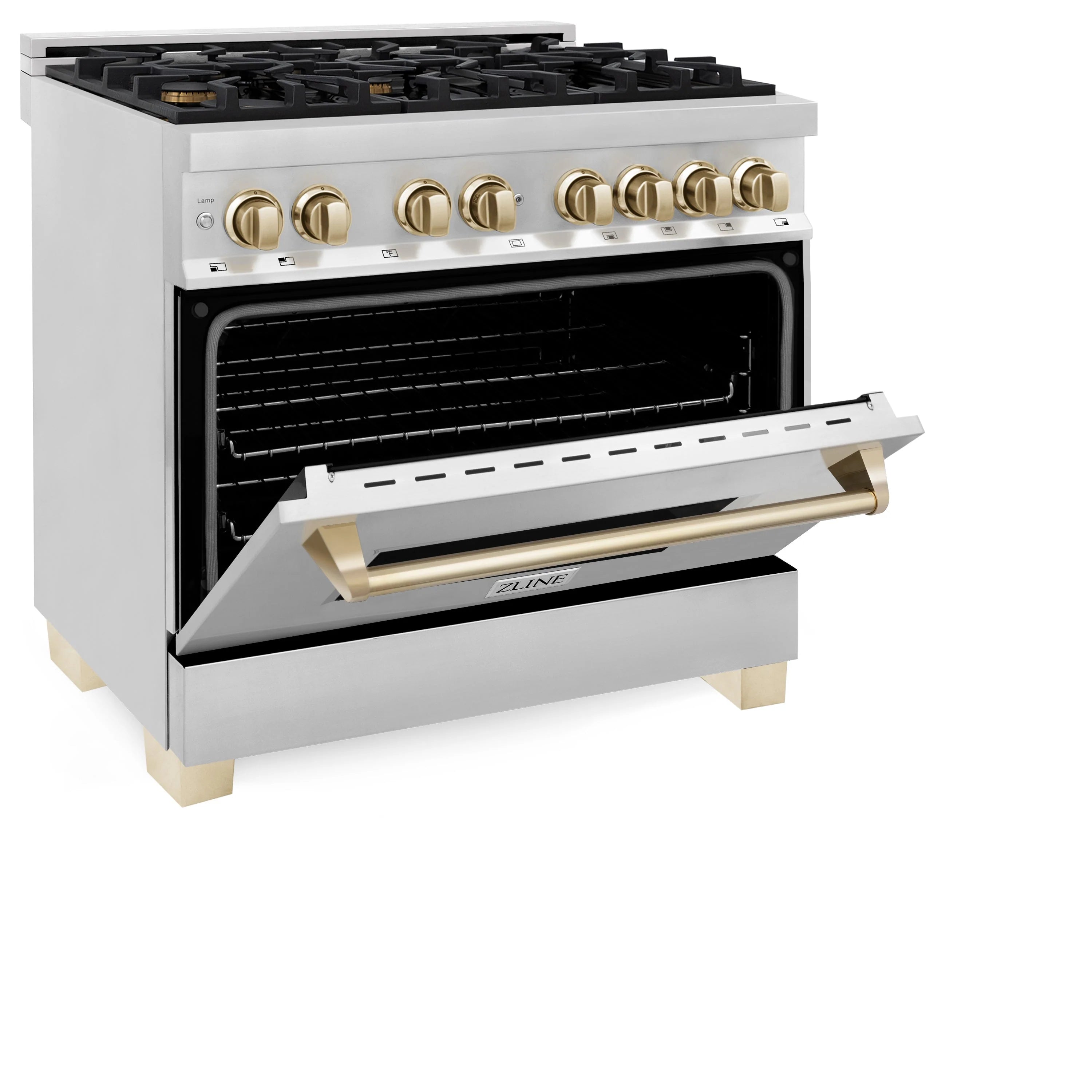 Stainless steel dual fuel range with open oven door and gold handle