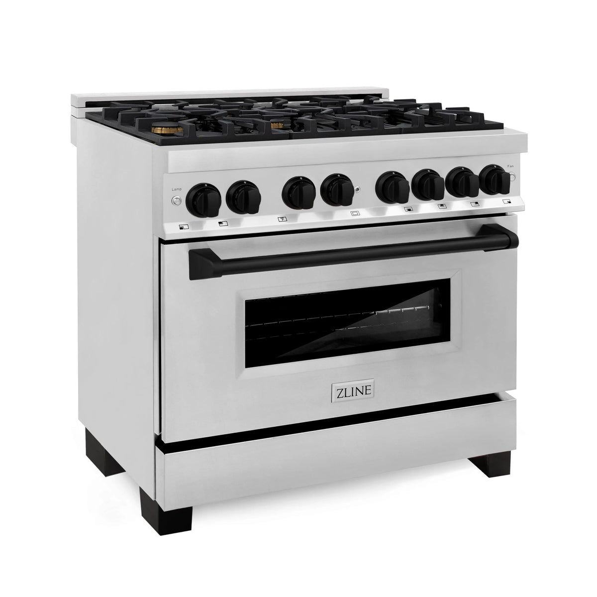 Stainless steel dual fuel range with matte black control knobs and dark oven window