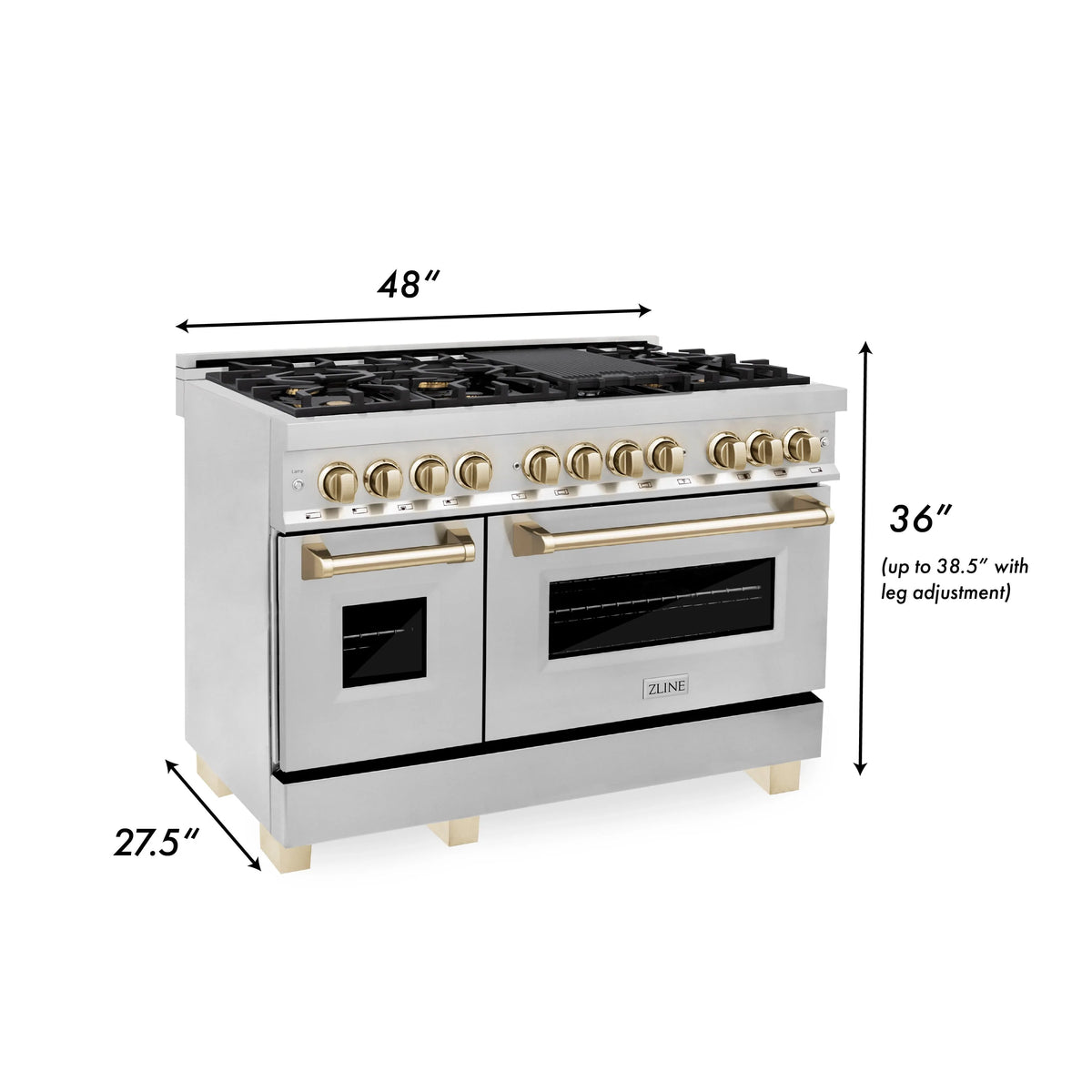 Dual fuel range front view with gold knobs, handles, and black oven doors on white body