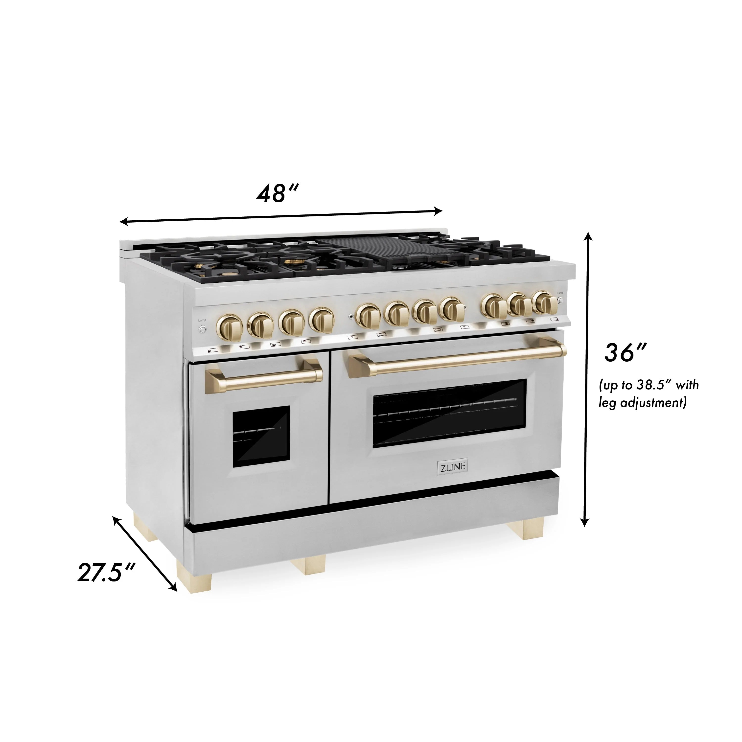 48-inch stainless steel range with two ovens, gold control panel and burner knobs