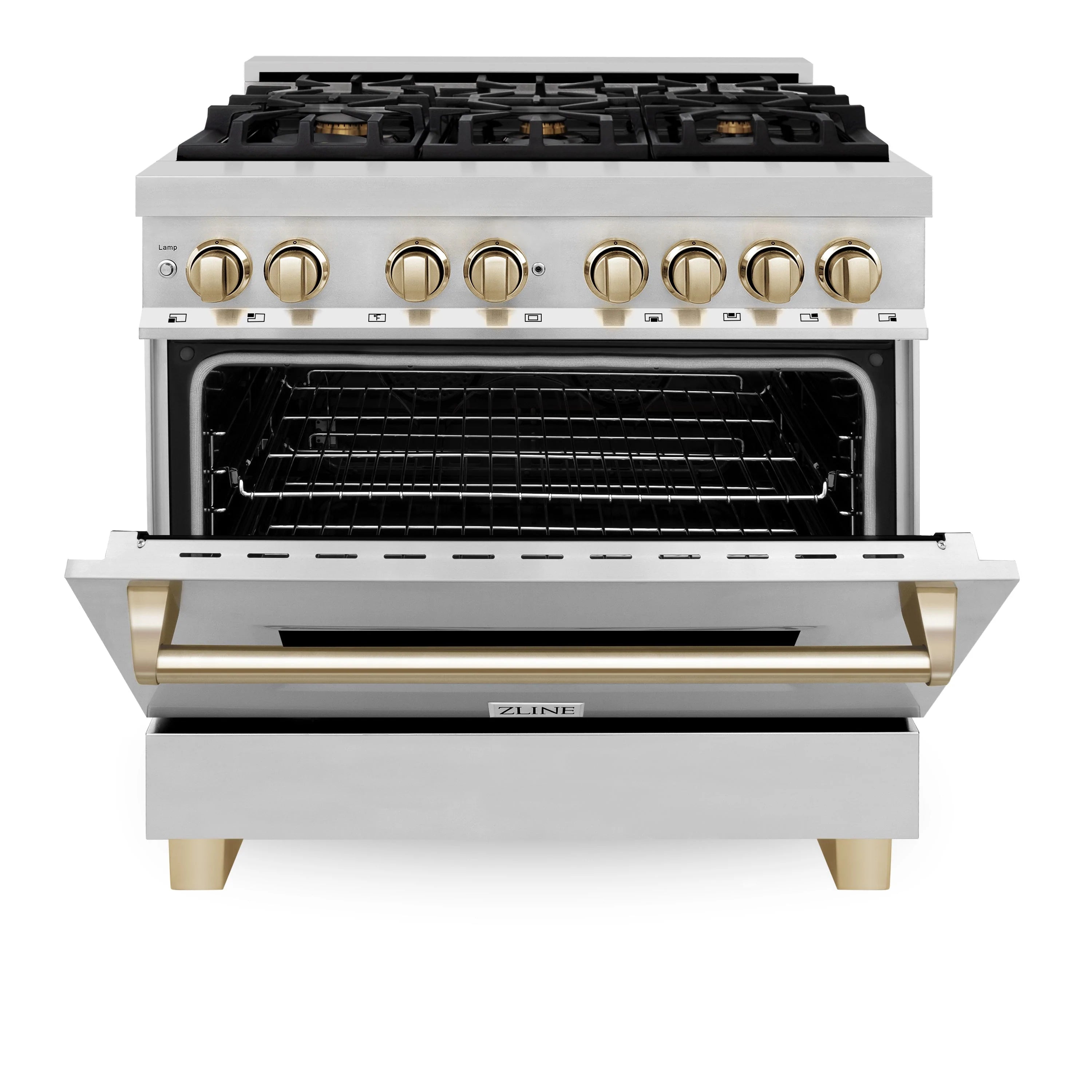 Stainless steel dual-fuel range with gold-trim control knobs and open oven door