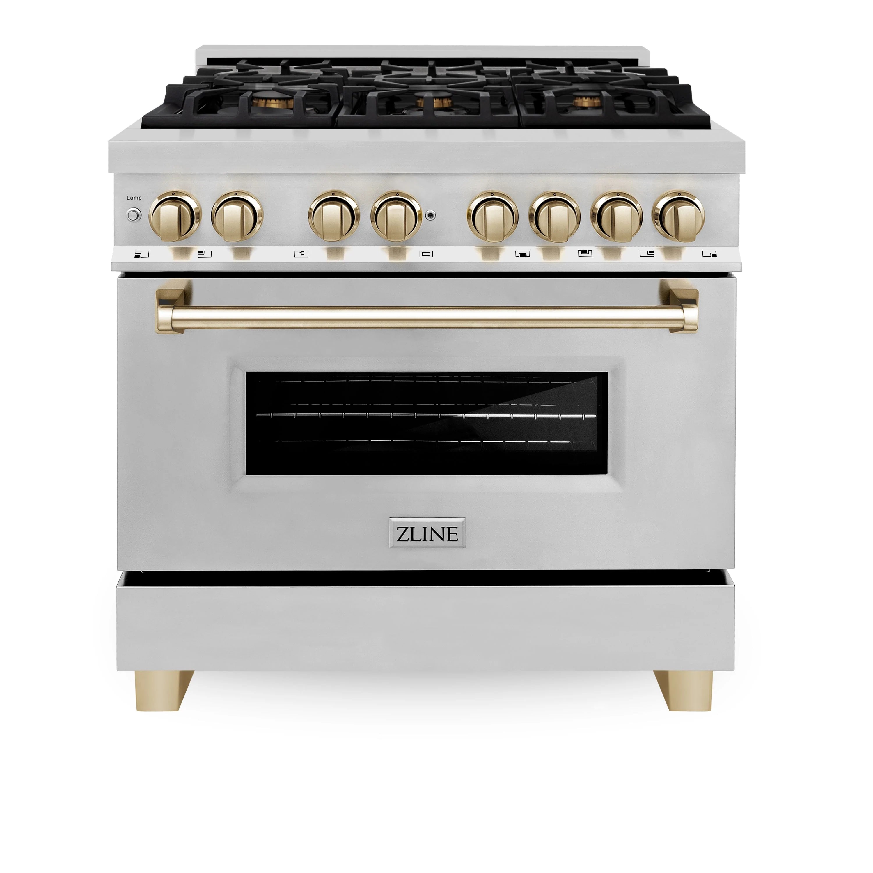 Front view of stainless dual fuel range with gold knobs, cooktop grates, and oven window
