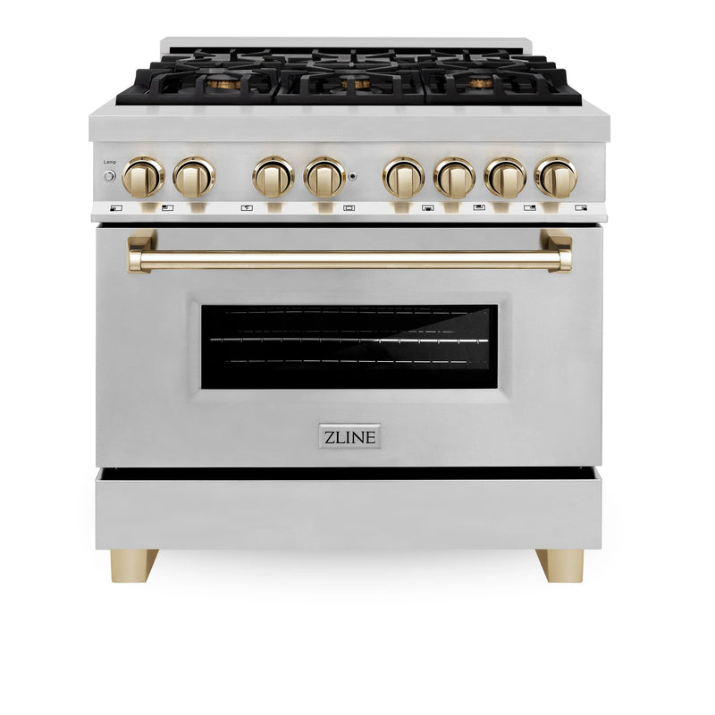 ZLINE Autograph Edition 2-Piece Appliance Package - 36-Inch Dual Fuel Range & Wall Mounted Range Hood in Stainless Steel with Gold Trim (2AKP-RARH36-G)