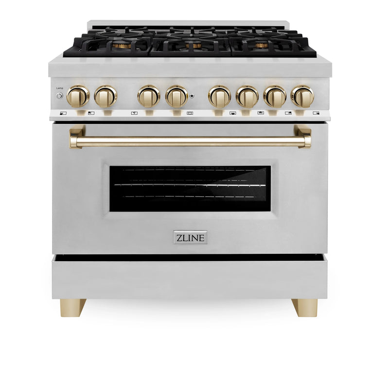 ZLINE Autograph Edition 3-Piece Appliance Package - 36-Inch Dual Fuel Range, Wall Mounted Range Hood, & 24-Inch Tall Tub Dishwasher in Stainless Steel with Gold Trim (3AKP-RARHDWM36-G)