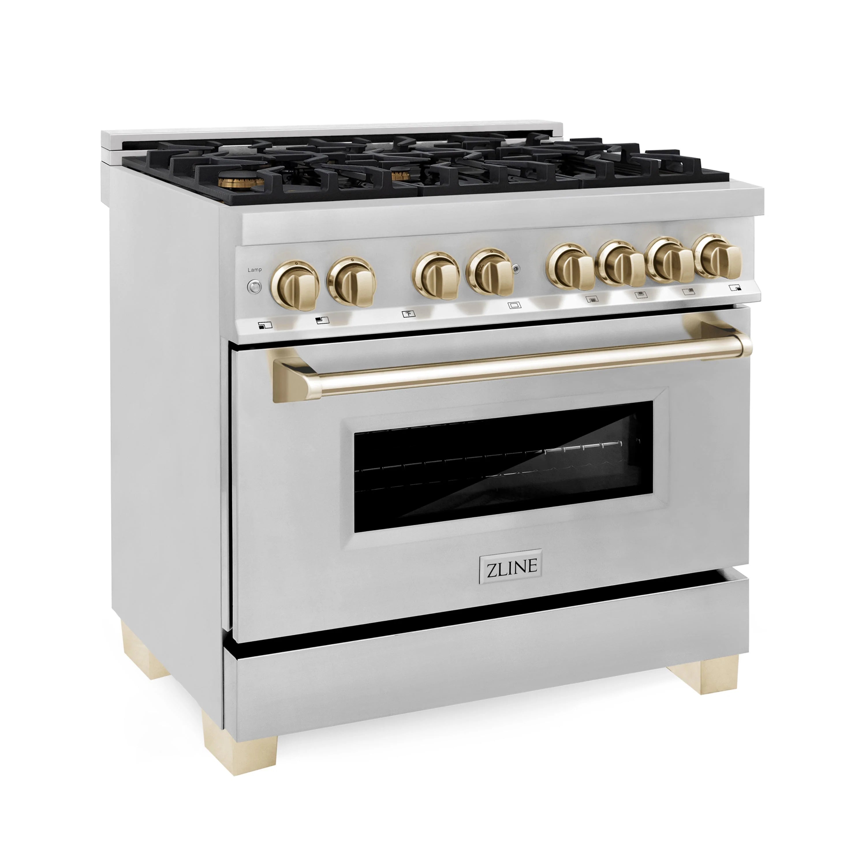 Stainless steel dual-fuel range with gold control knobs, oven window, and gold handle