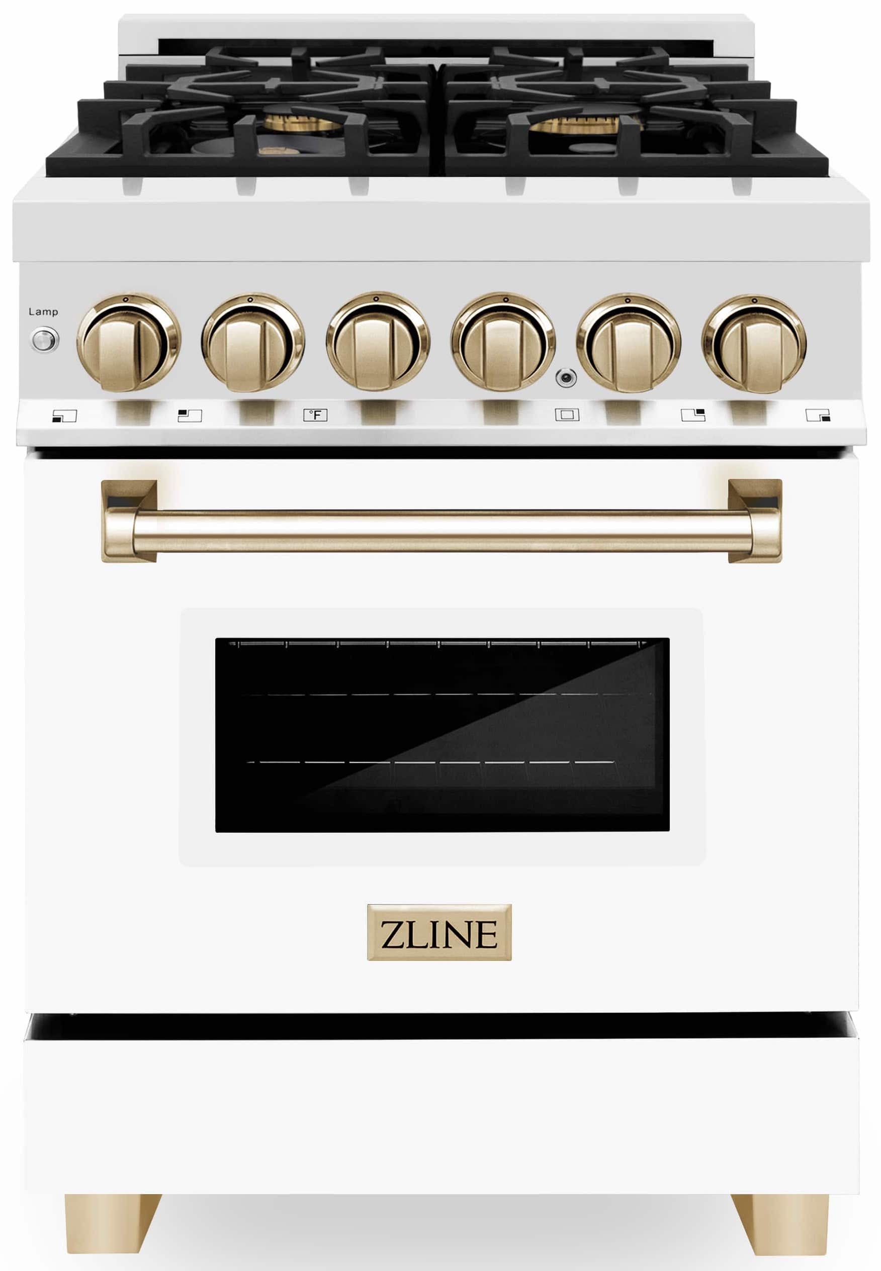 Dual fuel range front with gold knobs and black cooktop, white body