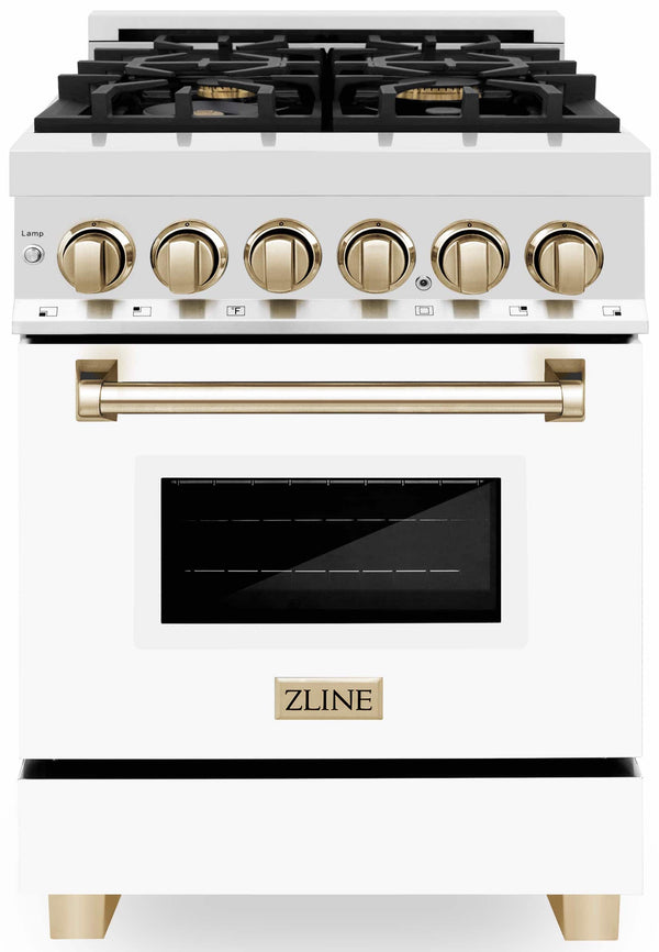 ZLINE Autograph Edition 24-Inch 2.8 cu. ft. Dual Fuel Range with Gas Stove and Electric Oven in Stainless Steel with White Matte Door and Gold Accents (RAZ-WM-24-G)