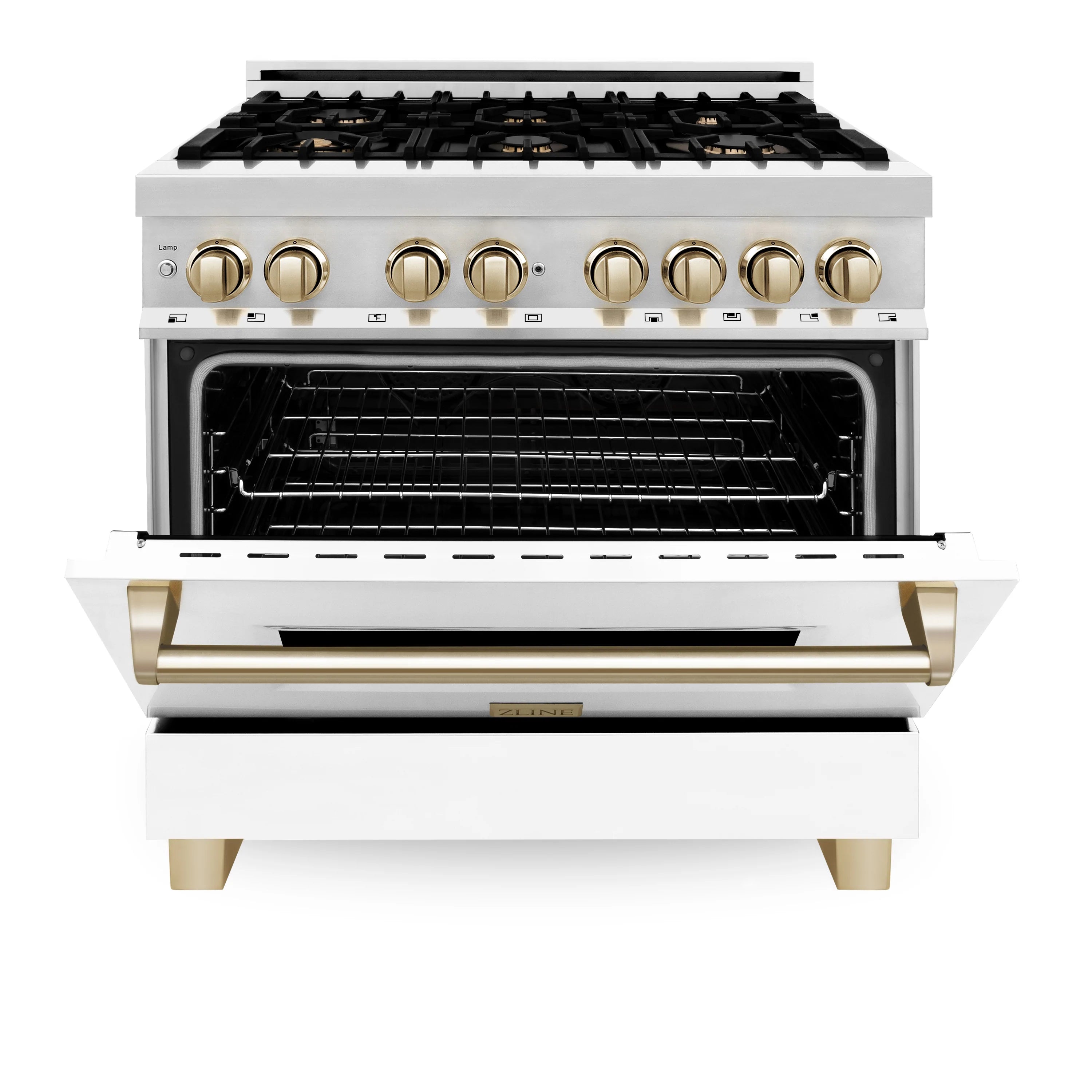 Dual fuel range with oven door open, white exterior, gold handle, black oven interior