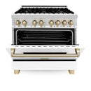 ZLINE Autograph Edition 2-Piece Appliance Package - 36-Inch Dual Fuel Range & Wall Mounted Range Hood in Stainless Steel and White Door with Gold Trim (2AKP-RAWMRH36-G)