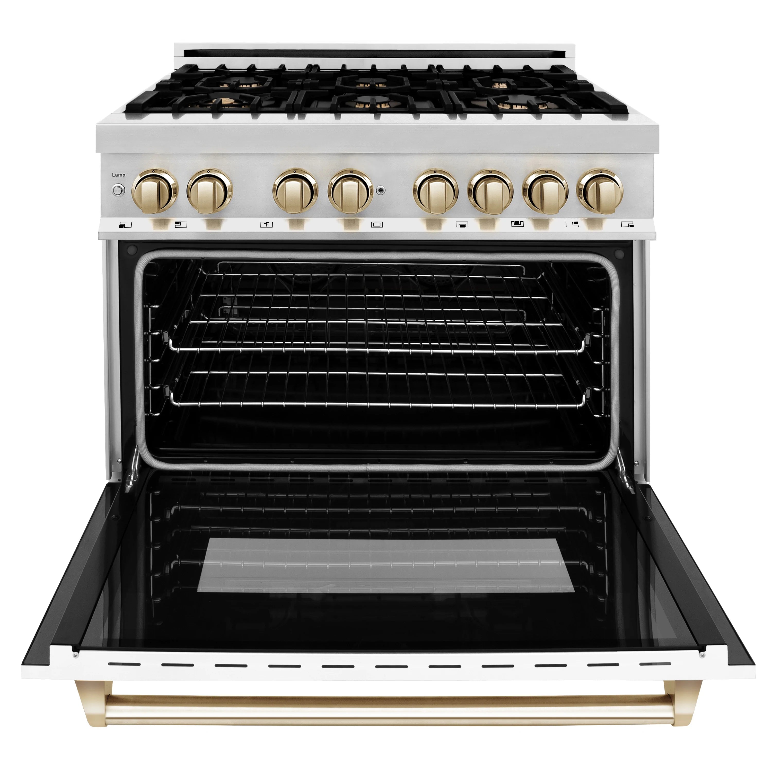 Dual fuel range oven with racks, black interior and gold-trim open door