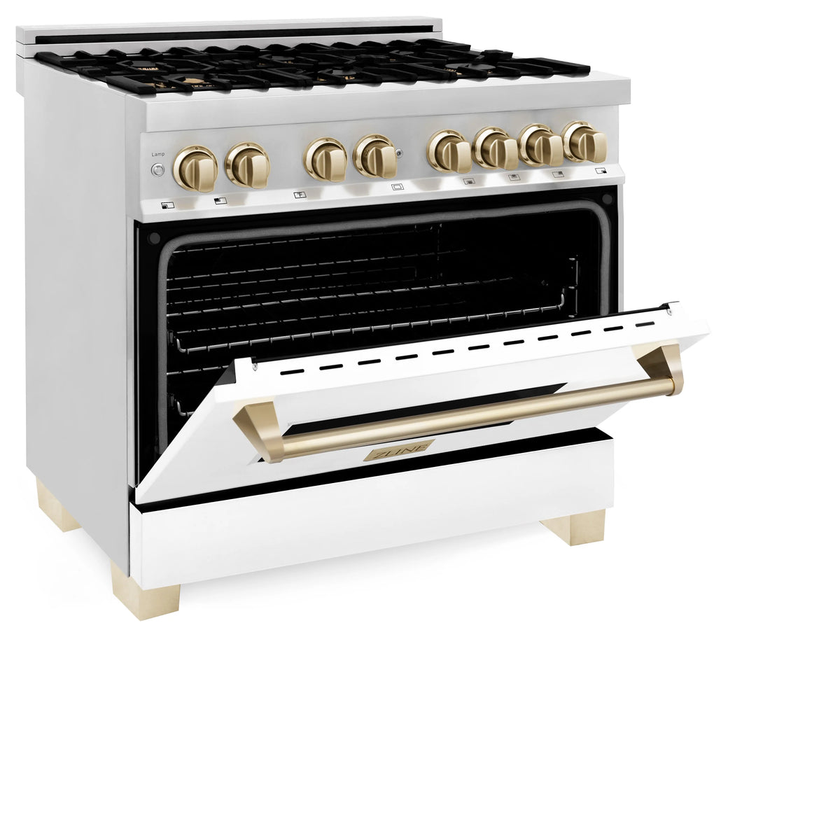 Dual fuel range with oven door open, white body, gold handle, black burner grates