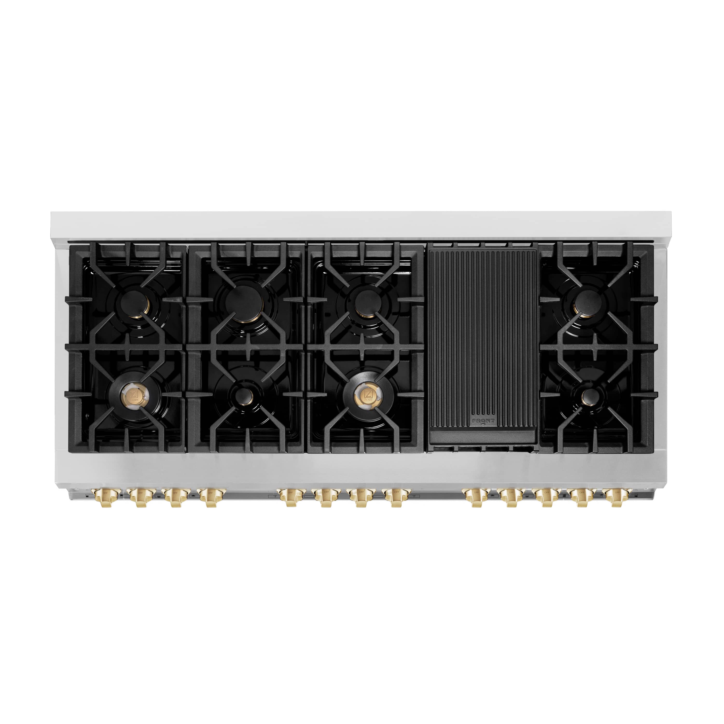 Top view of dual fuel range cooktop with black grates and gold burner knobs