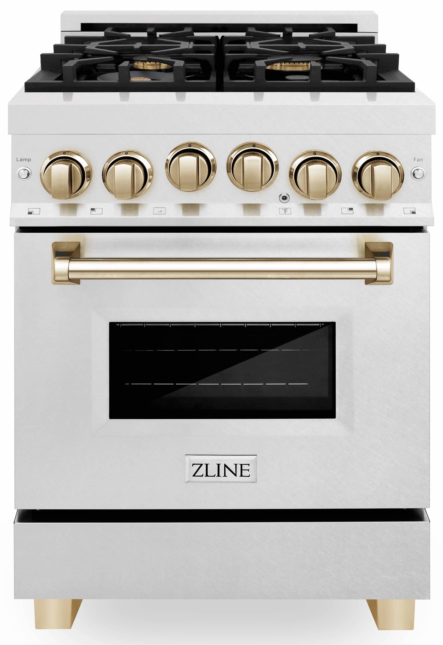 Front view of white dual fuel range with gold knobs and large oven window