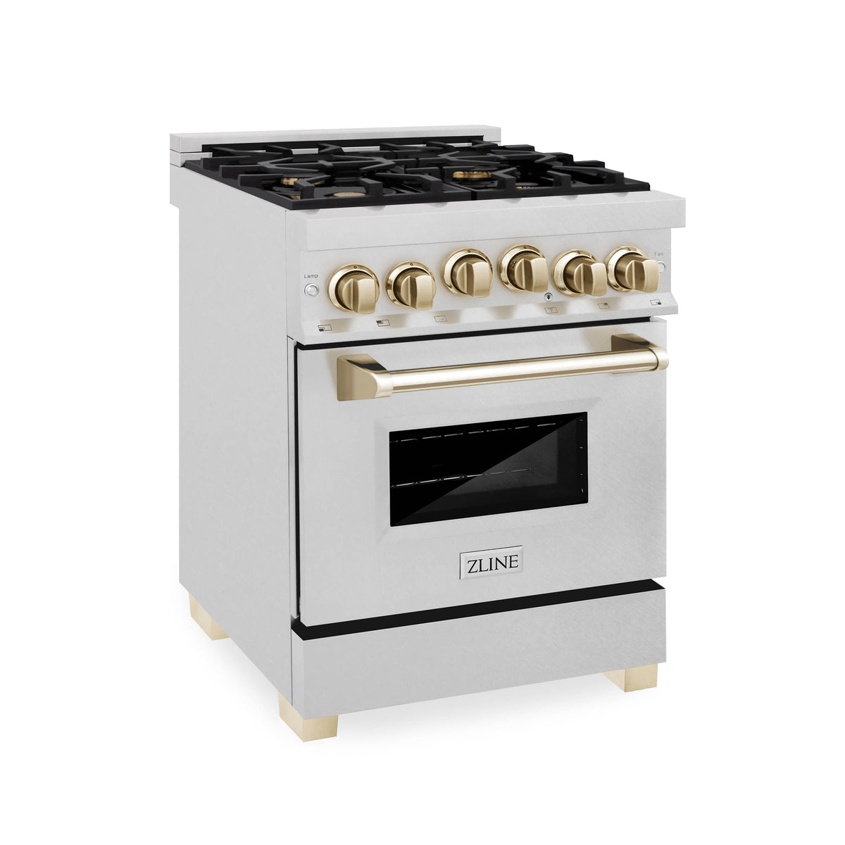 White dual fuel range front with gold burners, knobs, and oven handle
