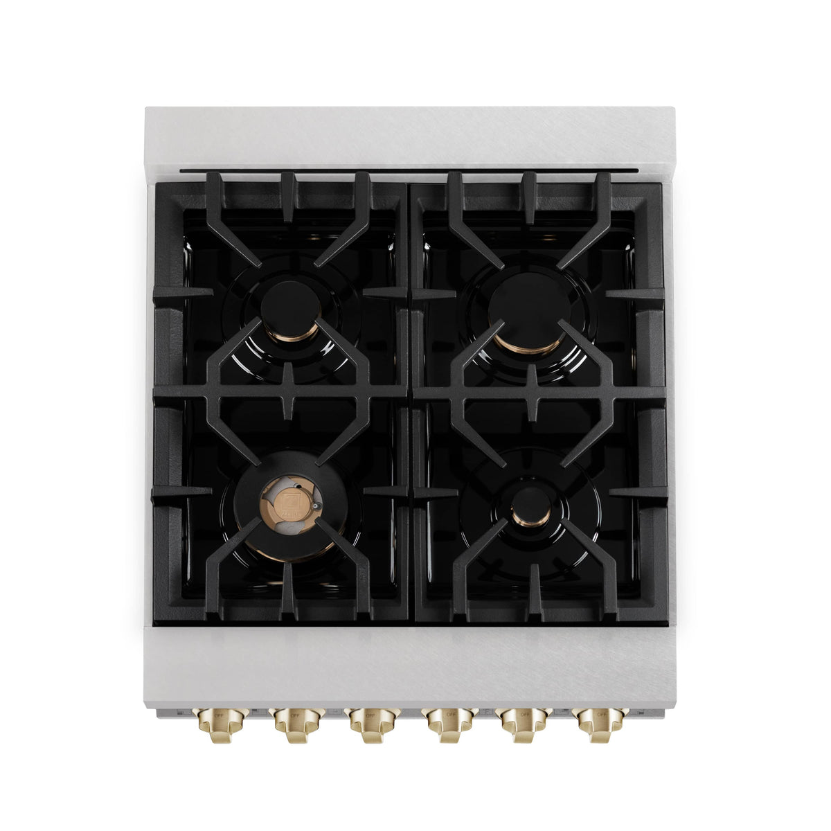 Top view of gas cooktop grates with five burners and gold-toned center caps