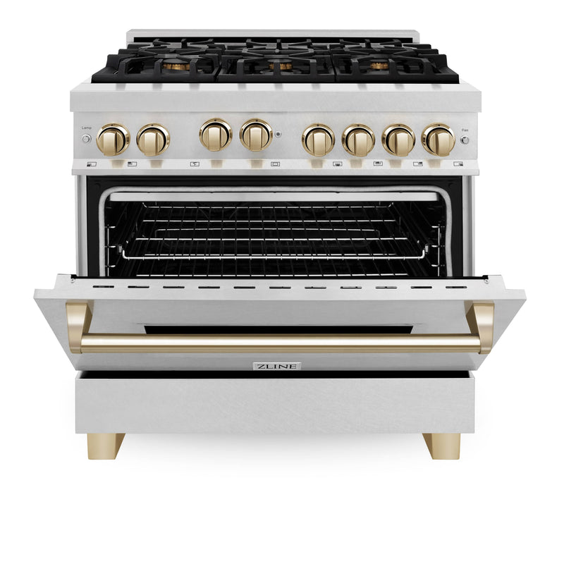 ZLINE Autograph Edition 36-Inch 4.6 cu. ft. Range with Gas Stove and Gas Oven in DuraSnow® Stainless Steel with Gold Accents (RGSZ-SN-36-G)