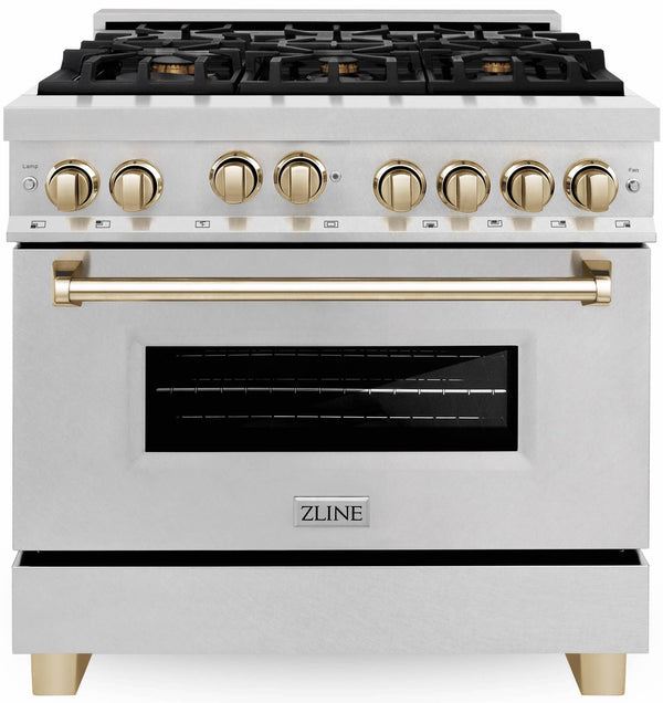 ZLINE Autograph Edition 36-Inch 4.6 cu. ft. Range with Gas Stove and Gas Oven in DuraSnow® Stainless Steel with Gold Accents (RGSZ-SN-36-G)