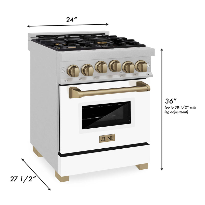 ZLINE Autograph Edition 24-Inch 2.8 cu. ft. Range with Gas Stove and Gas Oven in DuraSnow® Stainless Steel with White Matte Door and Champagne Bronze Accents (RGSZ-WM-24-CB)