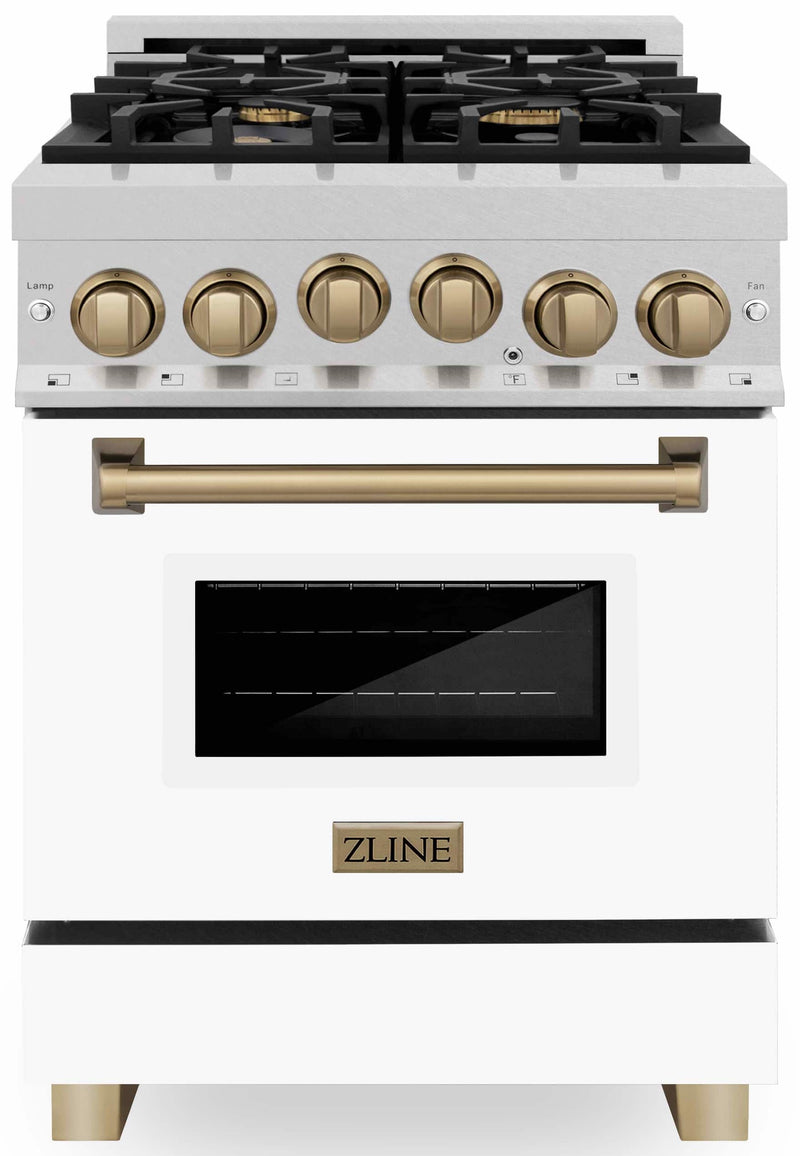 ZLINE Autograph Edition 24-Inch 2.8 cu. ft. Range with Gas Stove and Gas Oven in DuraSnow® Stainless Steel with White Matte Door and Champagne Bronze Accents (RGSZ-WM-24-CB)