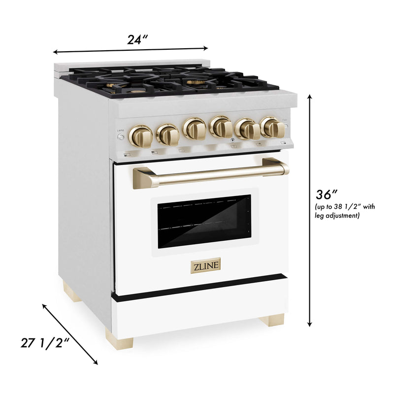 ZLINE Autograph Edition 24-Inch 2.8 cu. ft. Range with Gas Stove and Gas Oven in DuraSnow® Stainless Steel with White Matte Door and Gold Accents (RGSZ-WM-24-G)