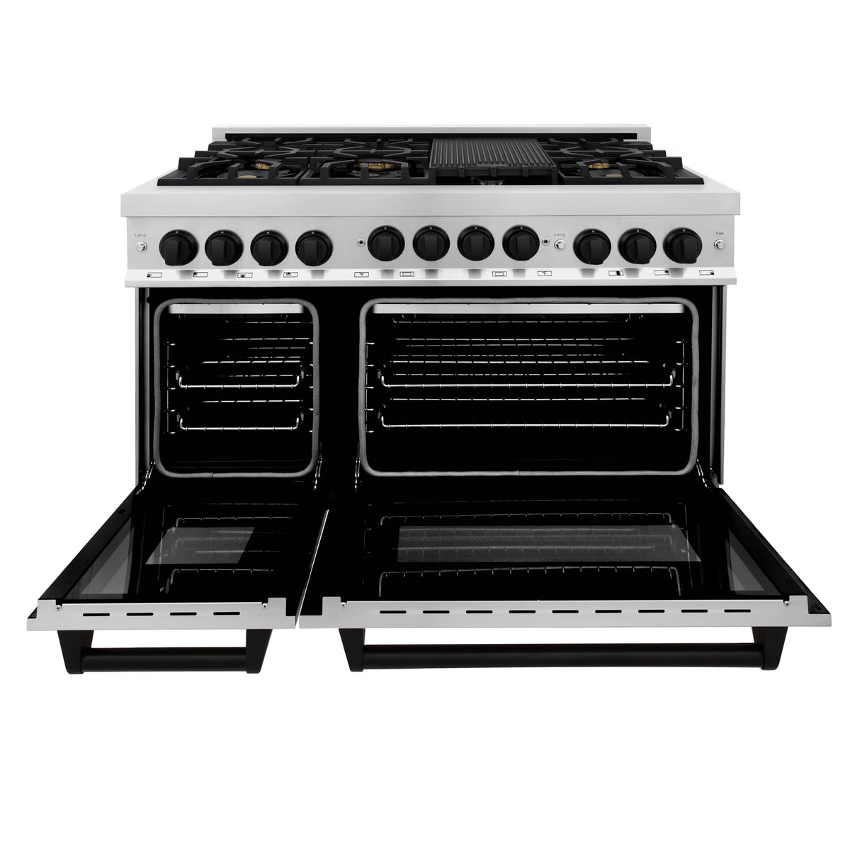 Stainless steel gas range with two ovens and open grates, black control knobs