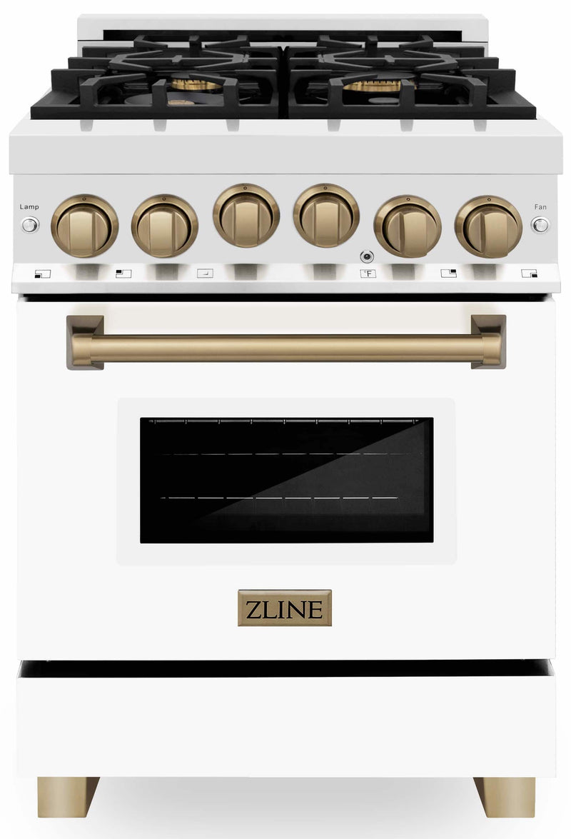 ZLINE Autograph Edition 24-Inch 2.8 cu. ft. Range with Gas Stove and Gas Oven in Stainless Steel with White Matte Door and Champagne Bronze Accents (RGZ-WM-24-CB)