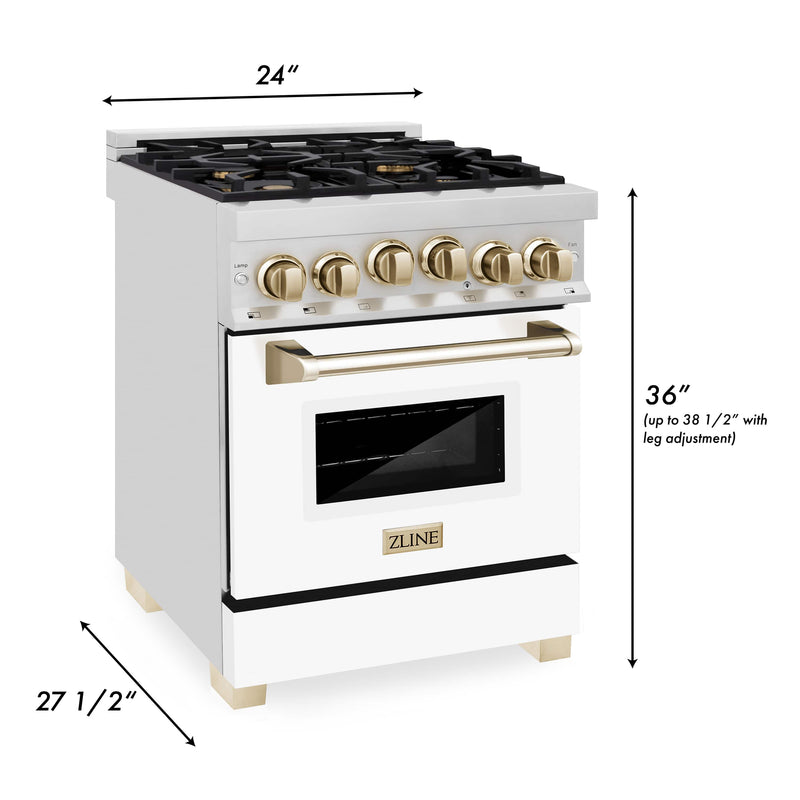 ZLINE Autograph Edition 24-Inch 2.8 cu. ft. Range with Gas Stove and Gas Oven in Stainless Steel with White Matte Door and Gold Accents (RGZ-WM-24-G)