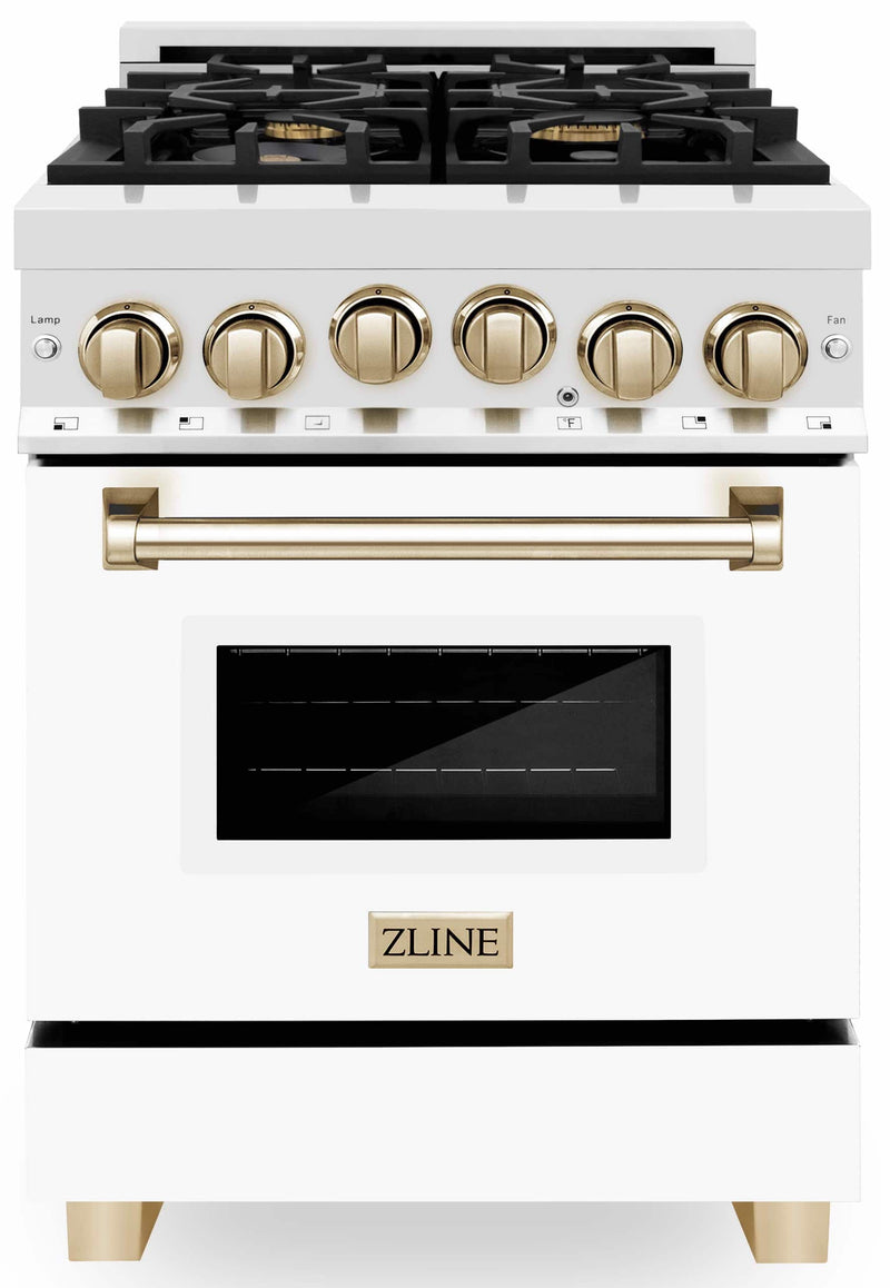 ZLINE Autograph Edition 24-Inch 2.8 cu. ft. Range with Gas Stove and Gas Oven in Stainless Steel with White Matte Door and Gold Accents (RGZ-WM-24-G)