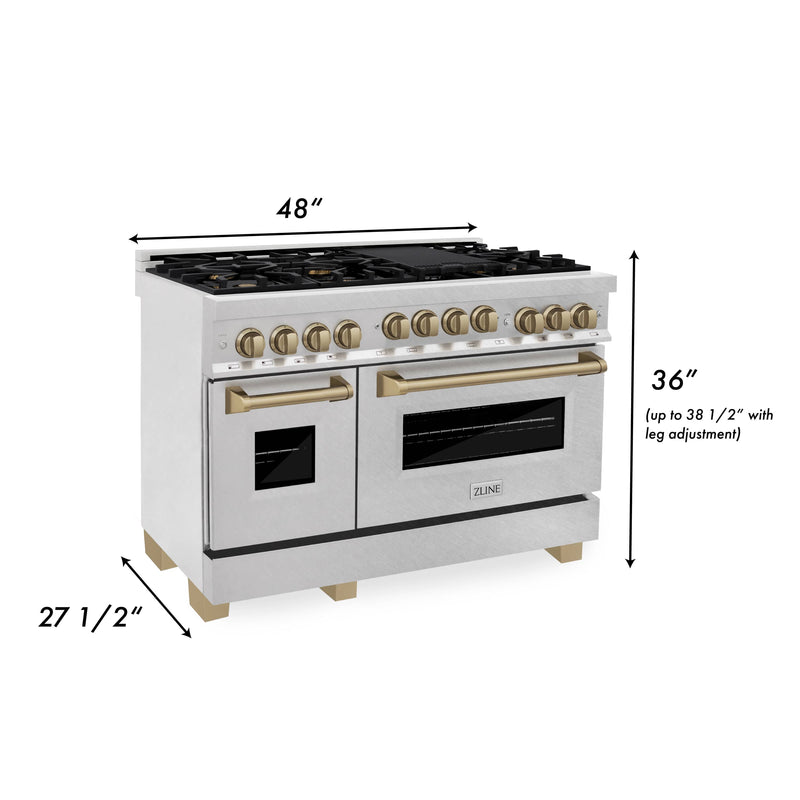 ZLINE 48-Inch Autograph Edition Kitchen Package with DuraSnow Stainless Steel Gas Range, Wall Mount Range Hood and Dishwasher with Champagne Bronze Accents (3AKPR-RGSRHDWM48-CB)