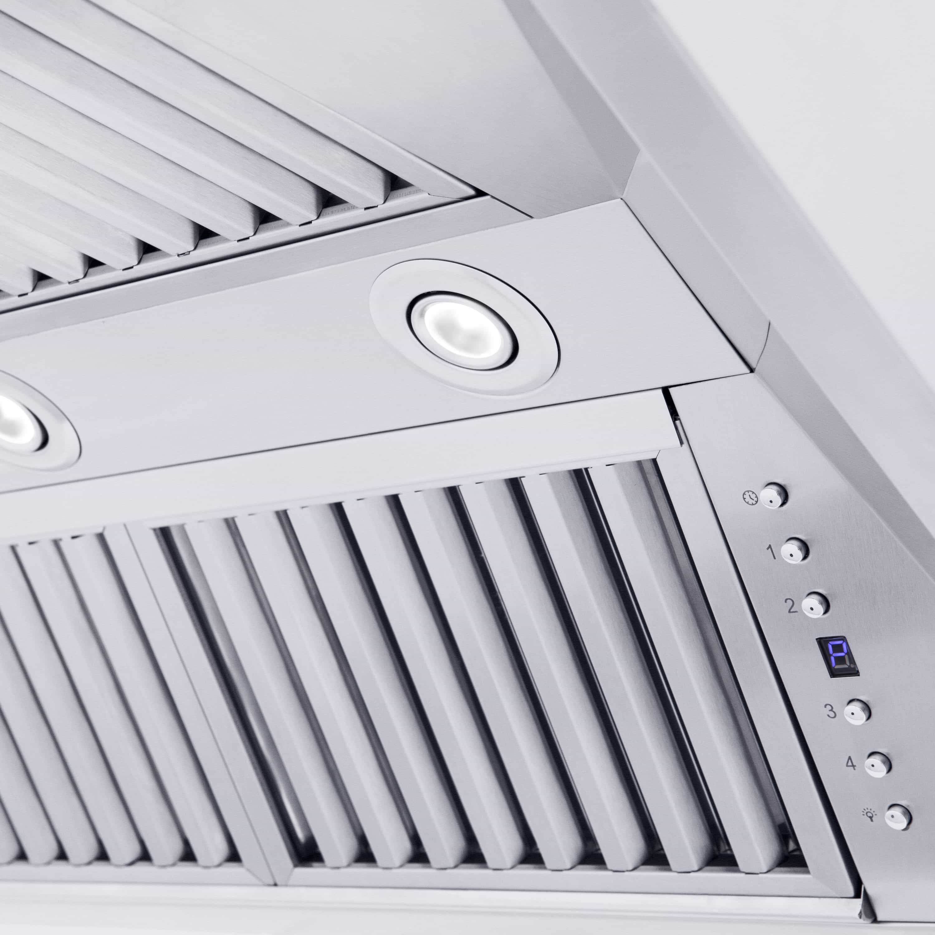 Under-cabinet style range hood vent with metal louvers, circular lights, and control panel