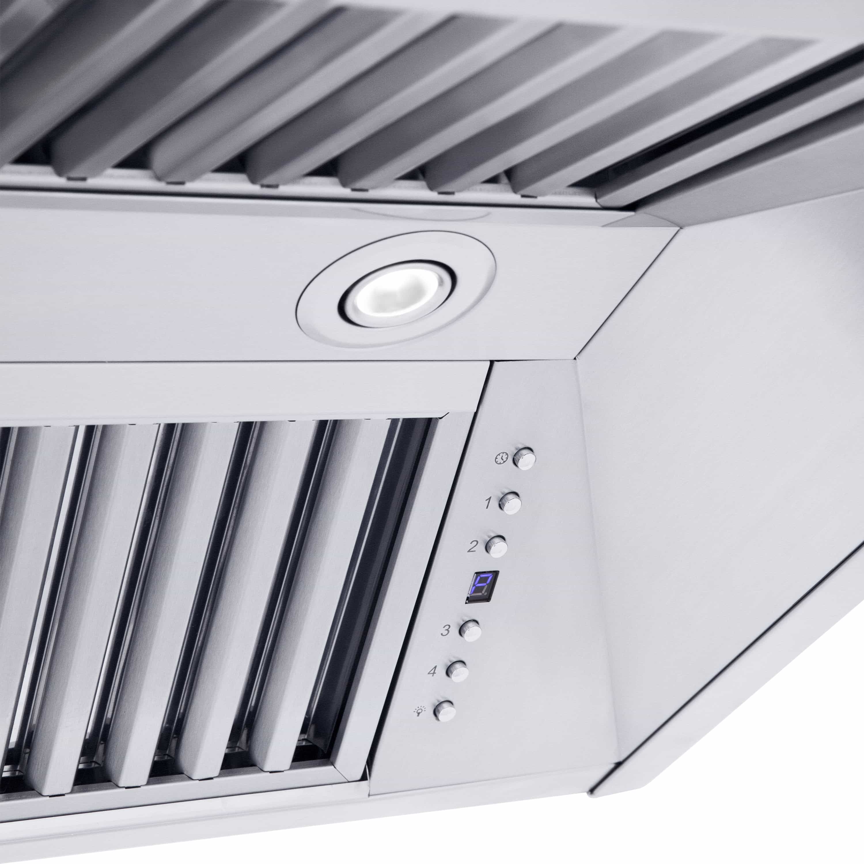 Range hood underside with metal baffles, recessed lights, and a vertical button control panel