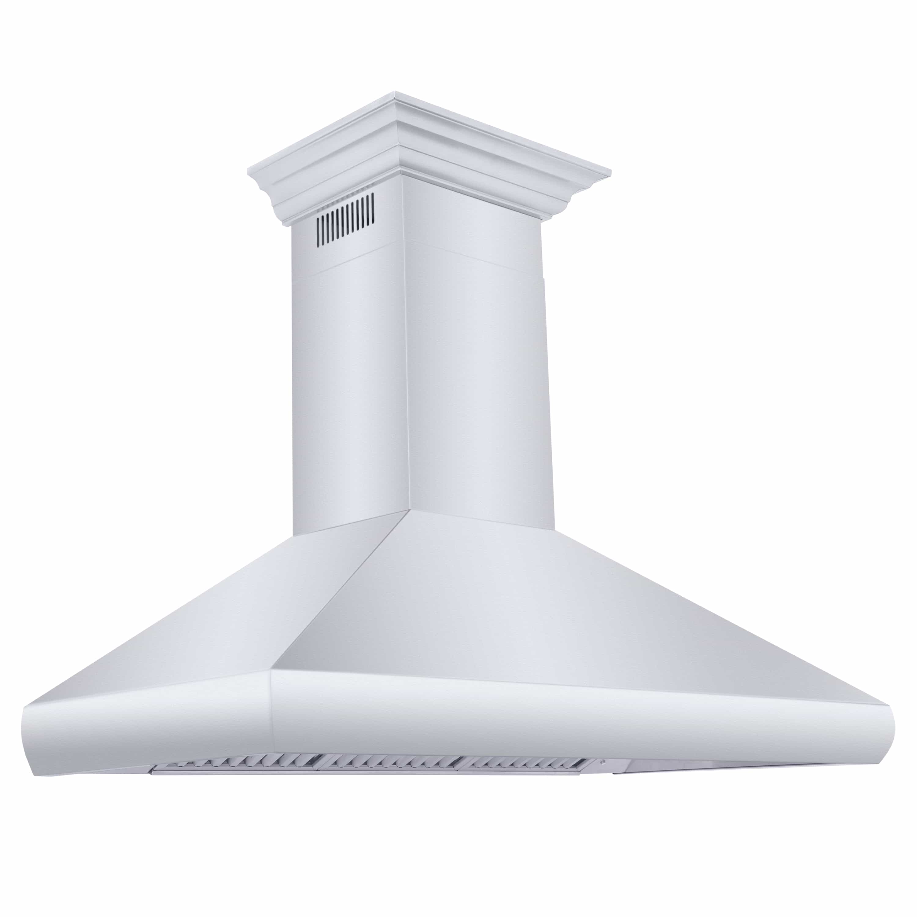 Light-colored wall-mount range hood with crown top and wide horizontal canopy