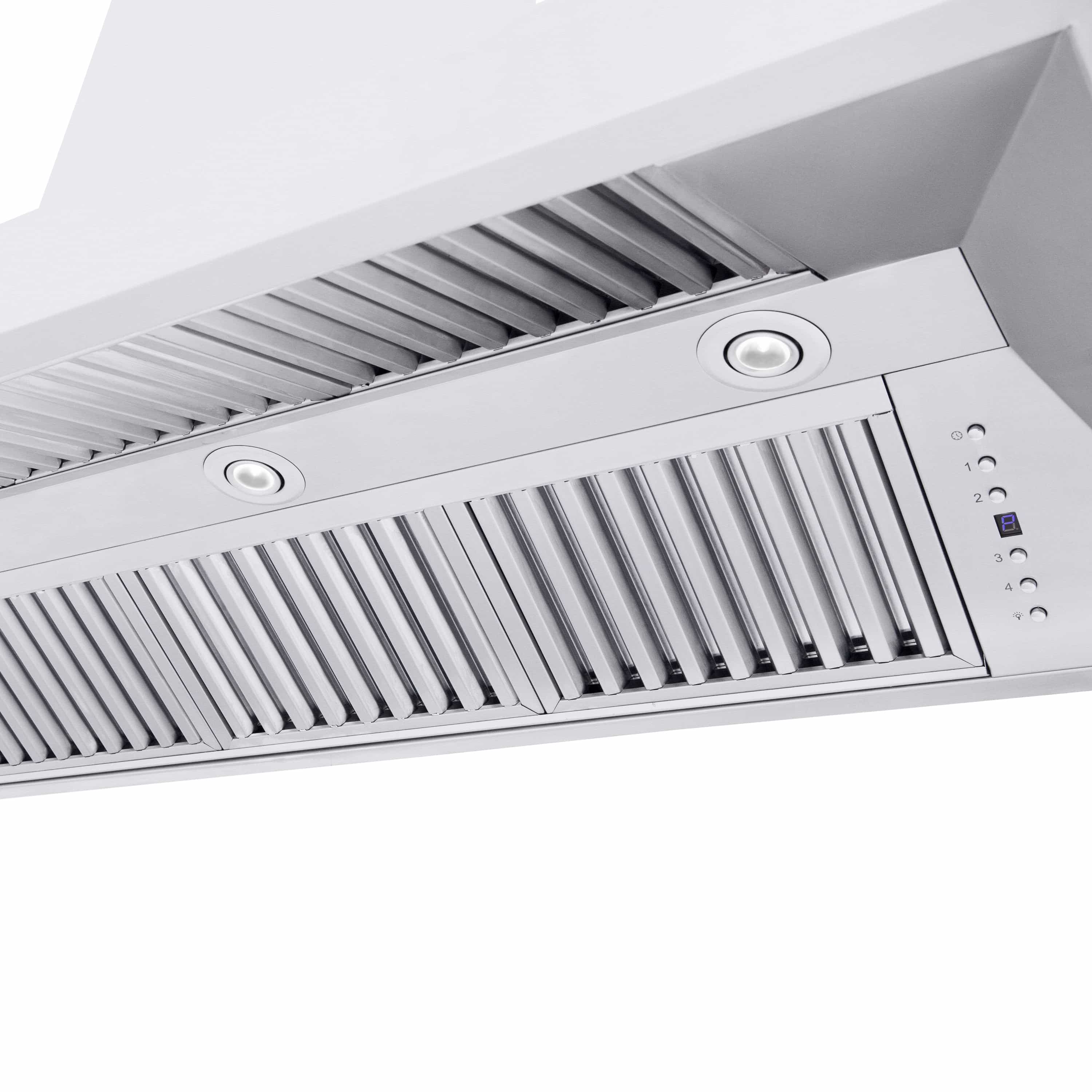 Under-cabinet range hood vent with stainless grille louvers and two built-in lights