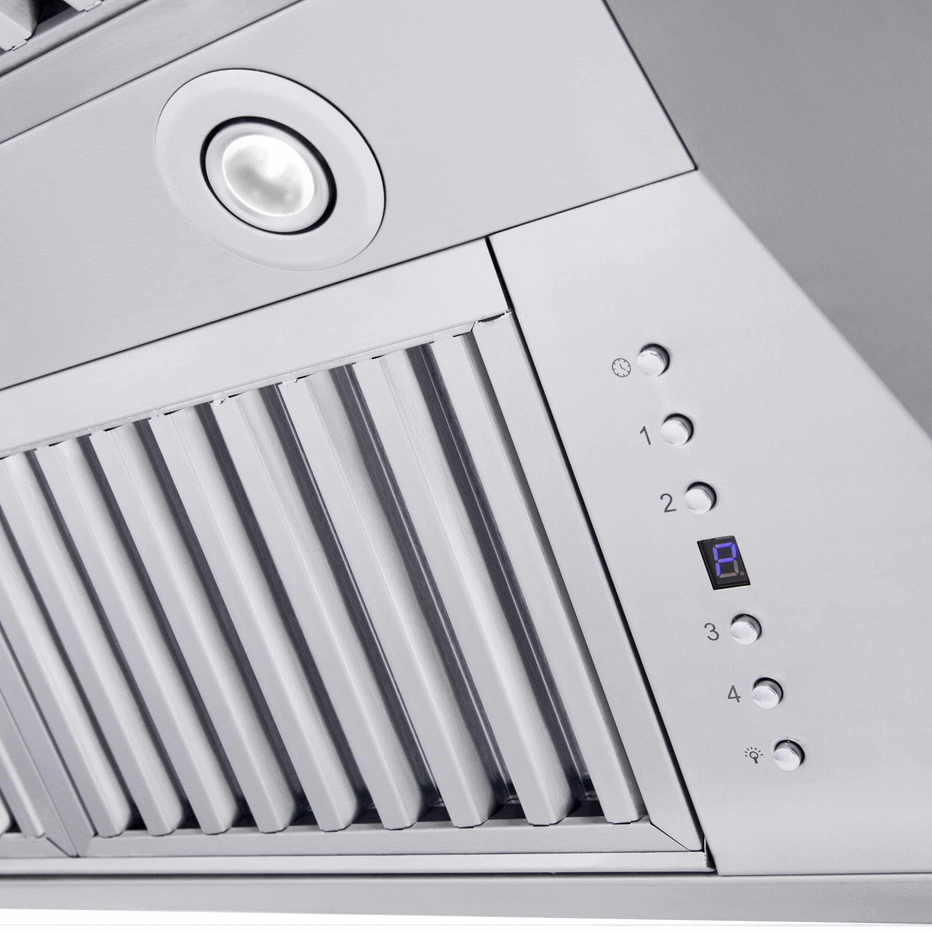 Stainless steel range hood with circular light, vent louvers, and digital control panel