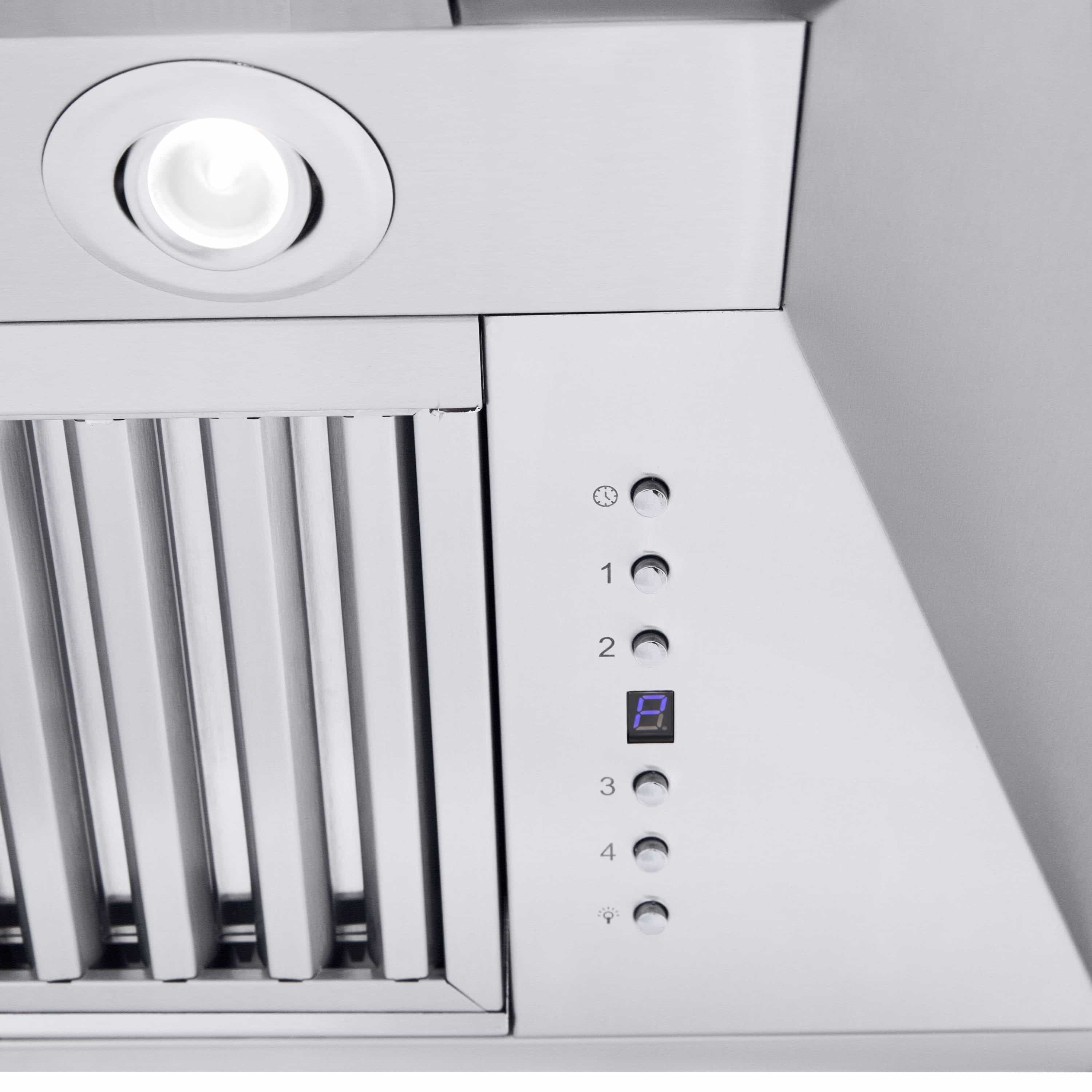 Stainless steel range hood front with vent grille louvers and 4-level control buttons
