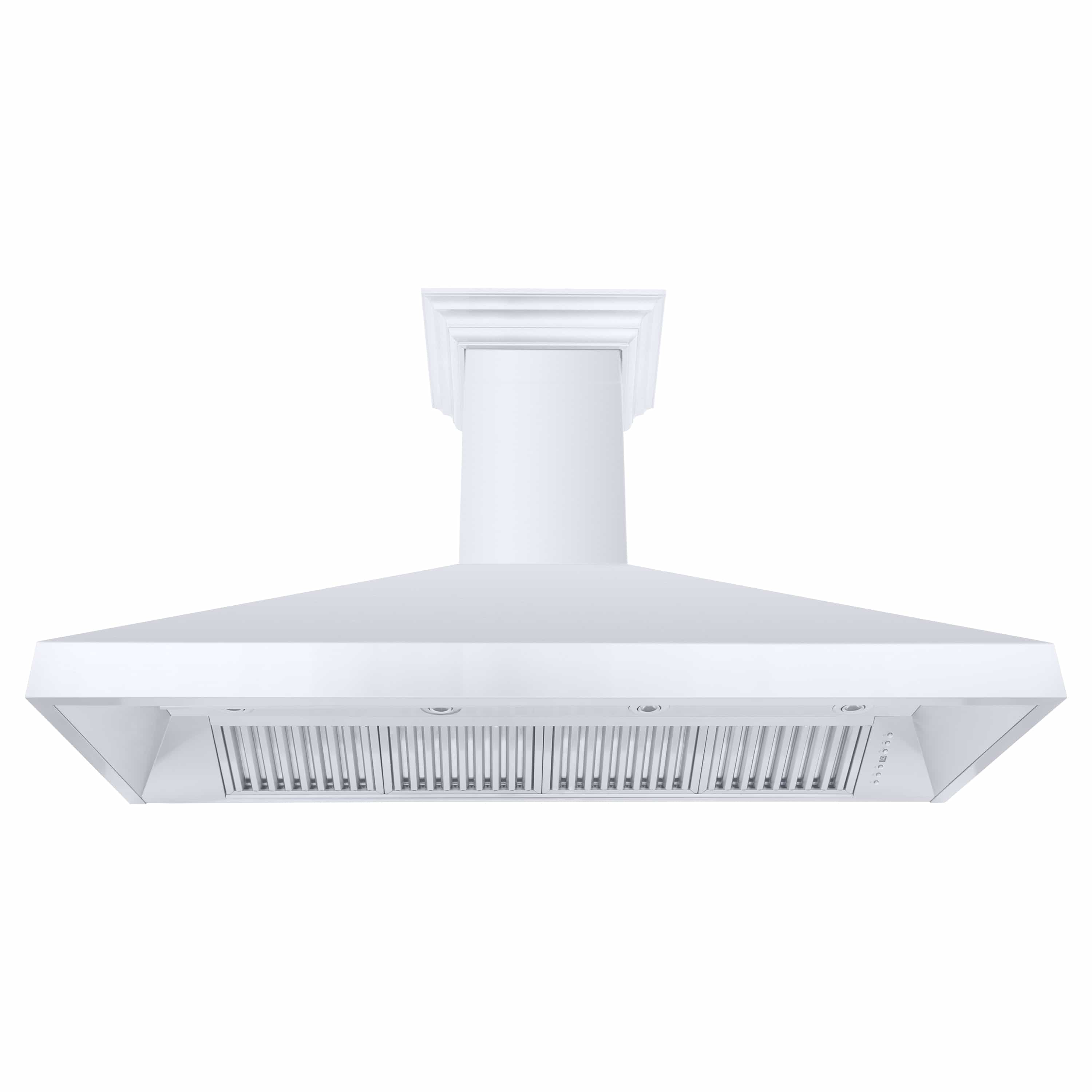Stainless steel wall-mount range hood with wide canopy and vent grille