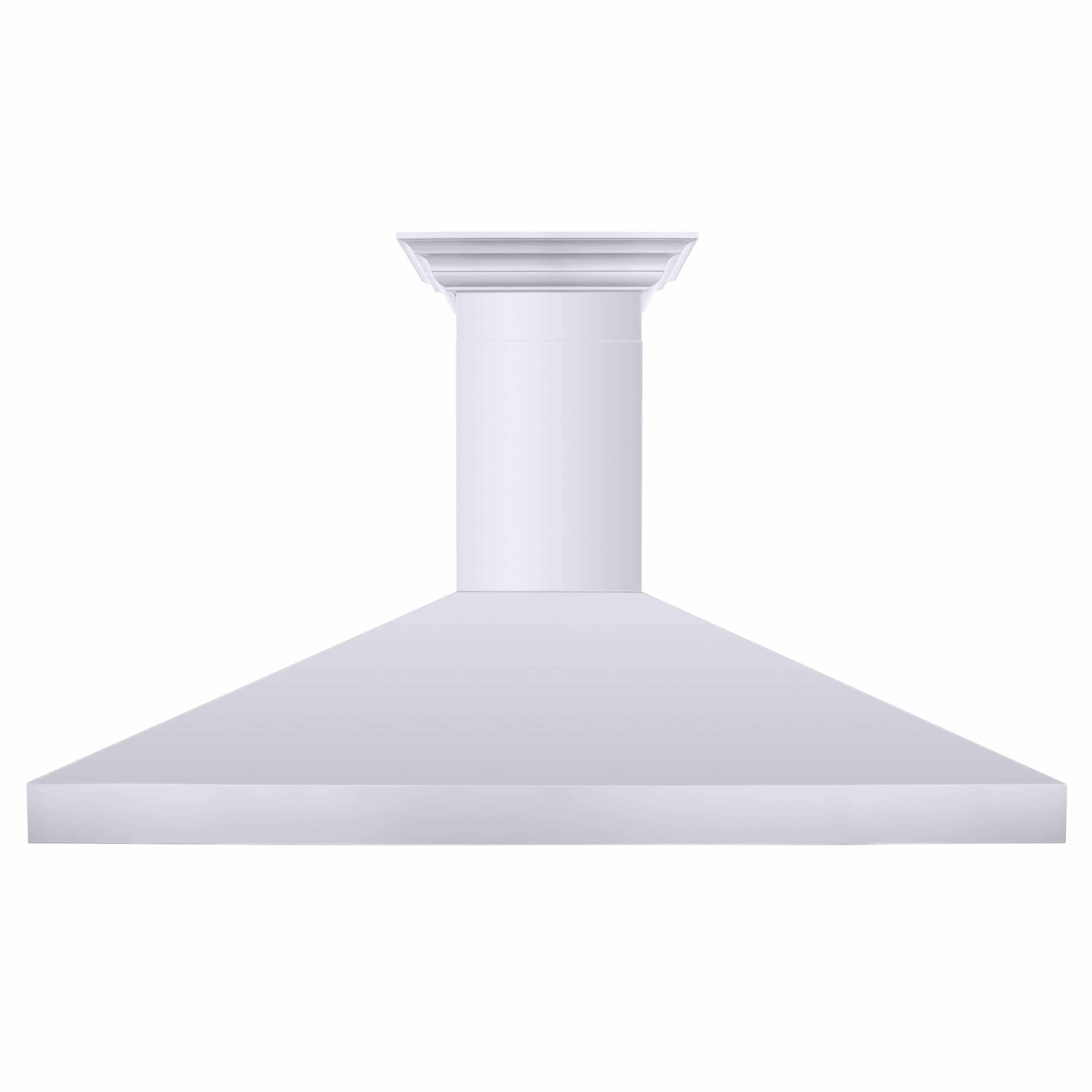 Stainless steel chimney-style wall range hood with crown-molding top