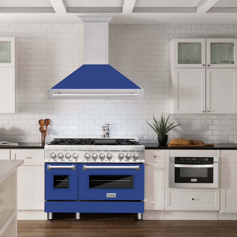 ZLINE 48-Inch Wall Mount Range Hood in Stainless Steel with Blue Matte Shell and Stainless Steel Handle (8654STX-BM-48)