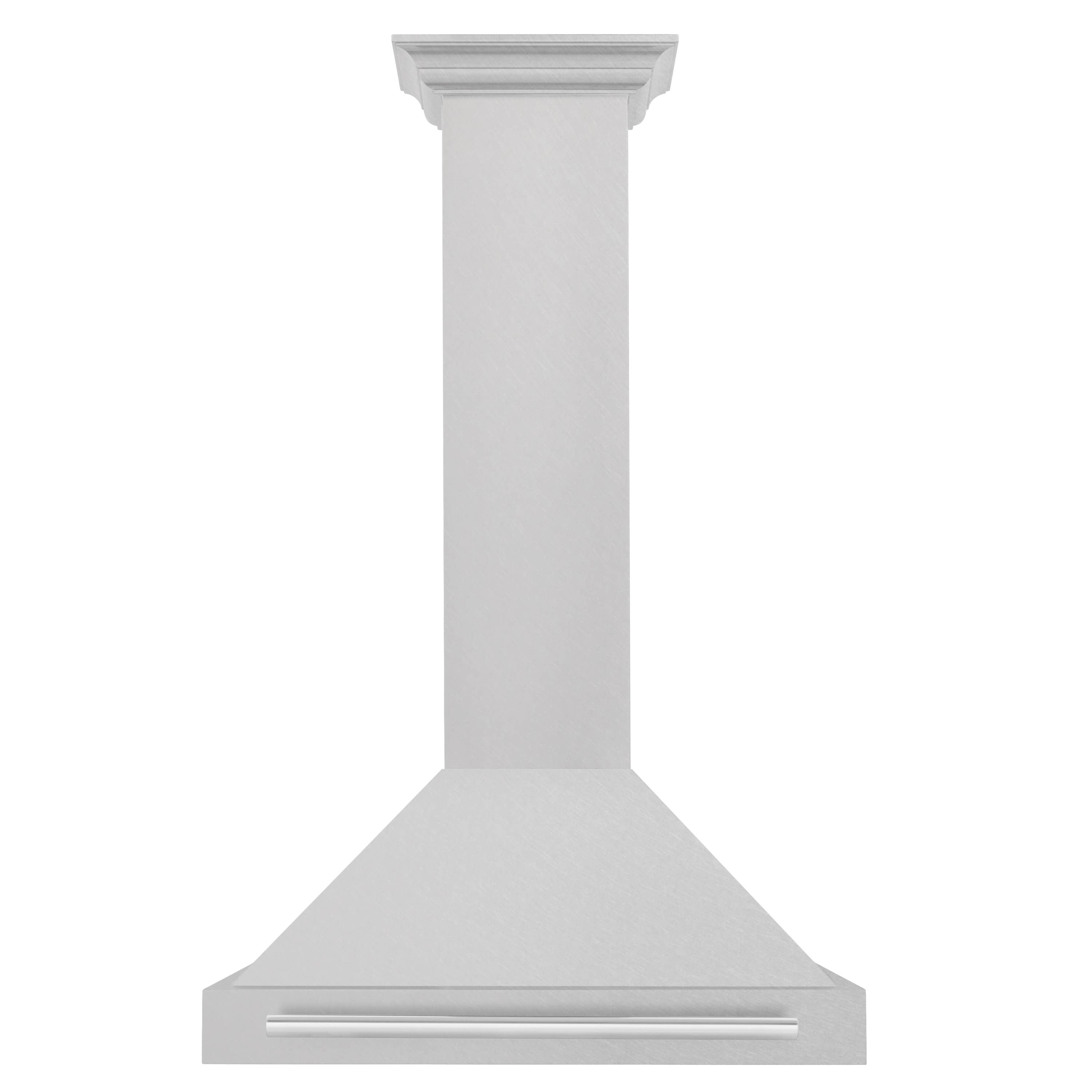 Wall-mounted satin stainless chimney range hood with horizontal vent bar