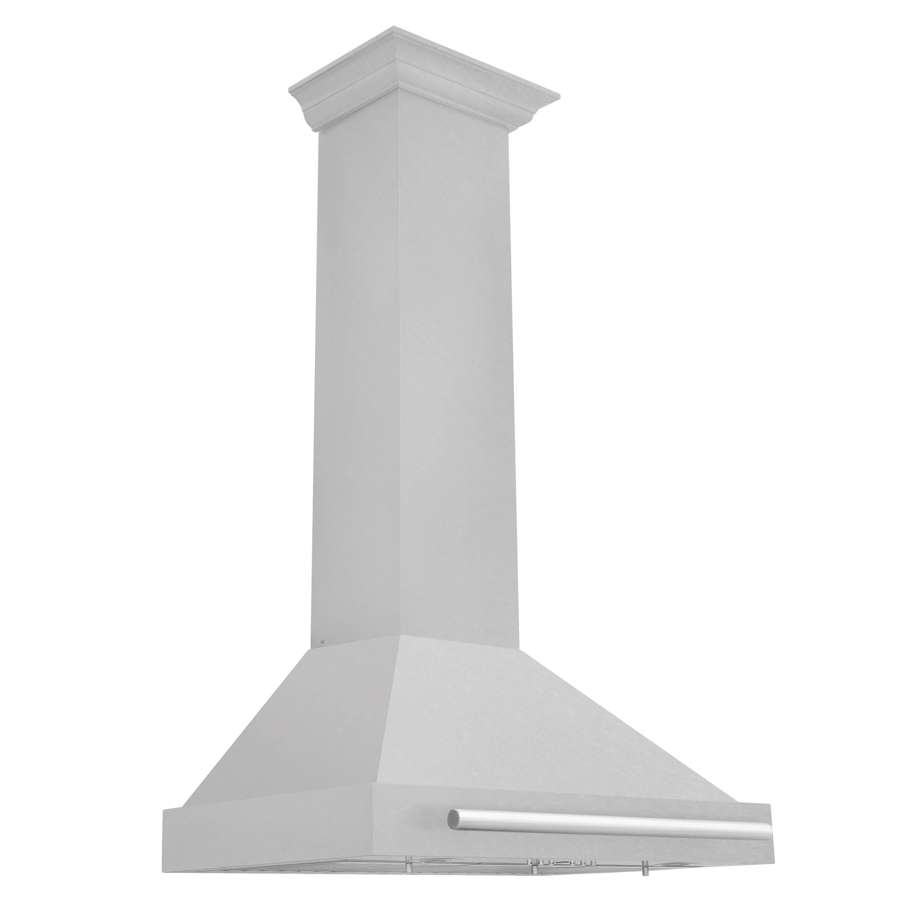 Wall-mounted satin stainless range hood chimney with flared bottom and handle bar