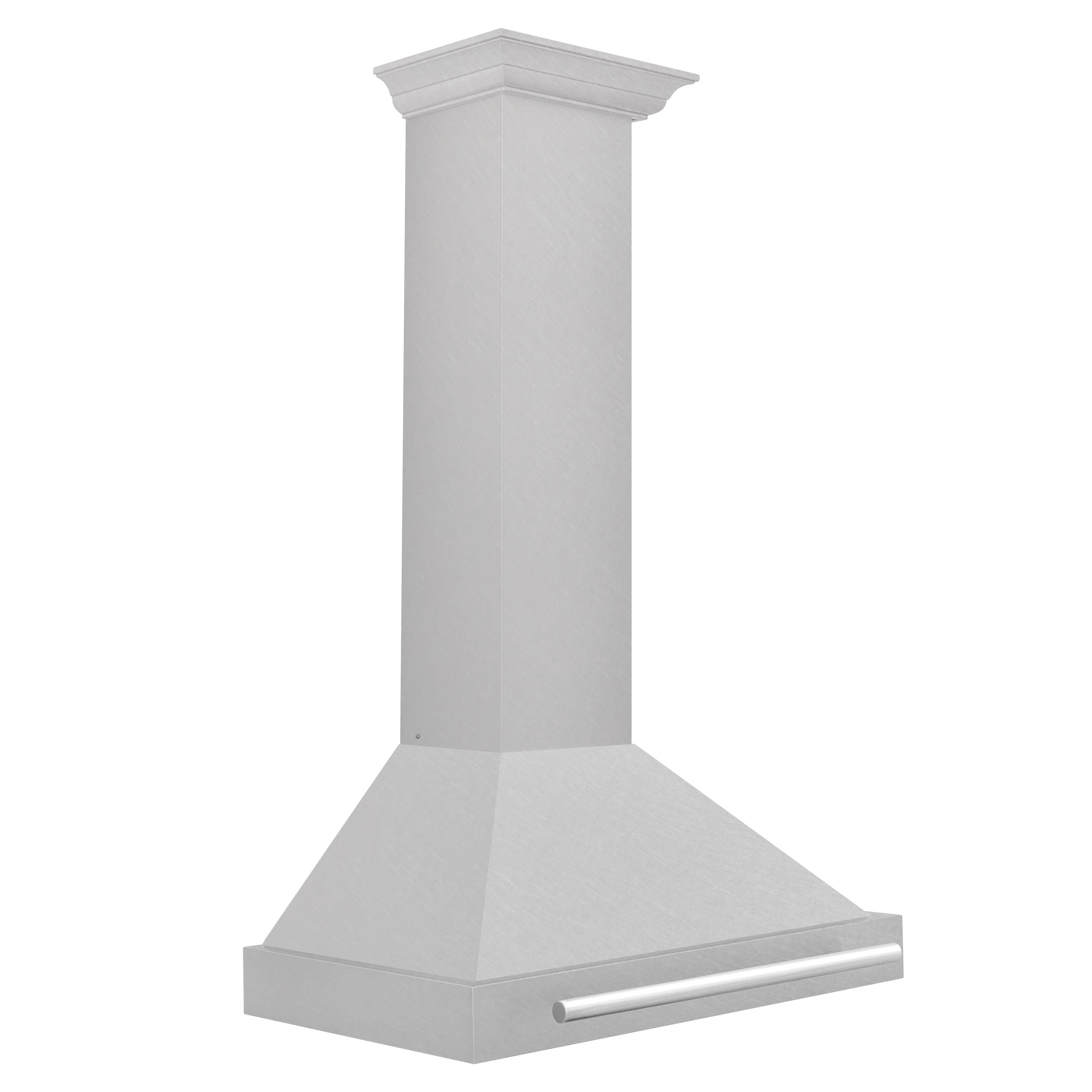 Wall-mounted satin stainless range hood with tall chimney and wide flared canopy
